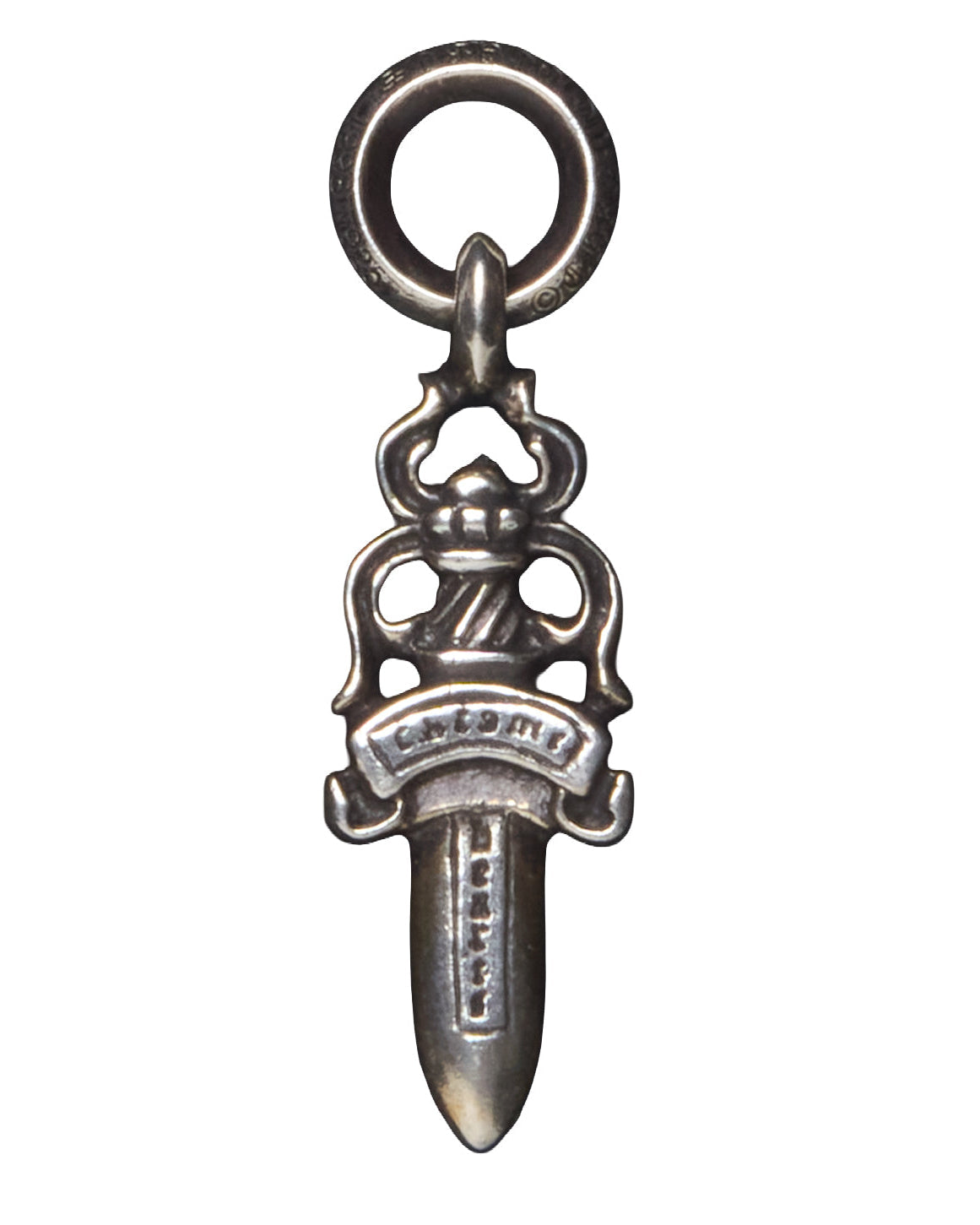 Silver dagger-shaped pendant with ring on a white background