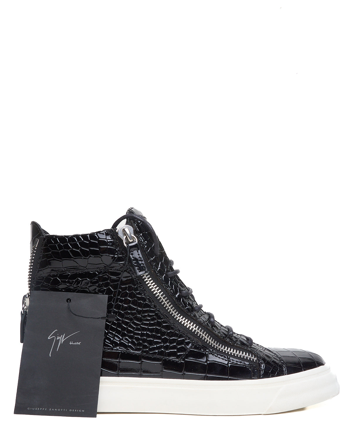 Giuseppe Zanotti Black Patent Python High Top Zip Up Sneakers