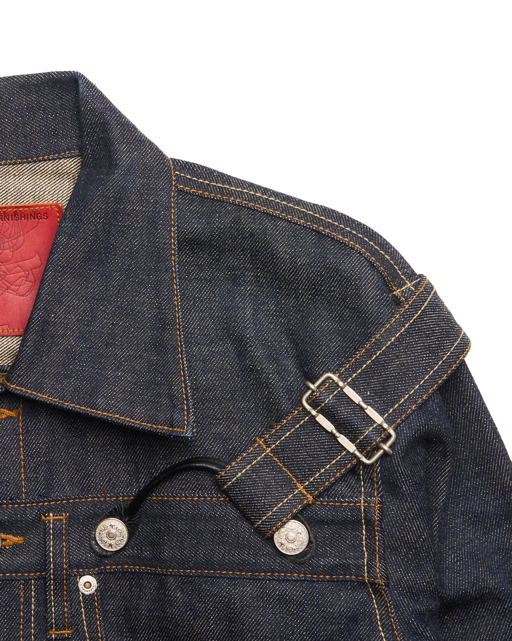 2000s Yuji Yamada 'FURNISHINGS' Removable Leather Harness Raw Denim 'Jean' Jacket