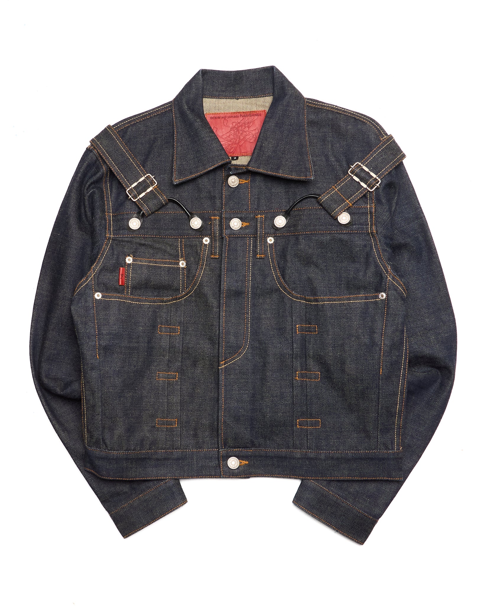 2000s Yuji Yamada 'FURNISHINGS' Removable Leather Harness Raw Denim 'Jean' Jacket