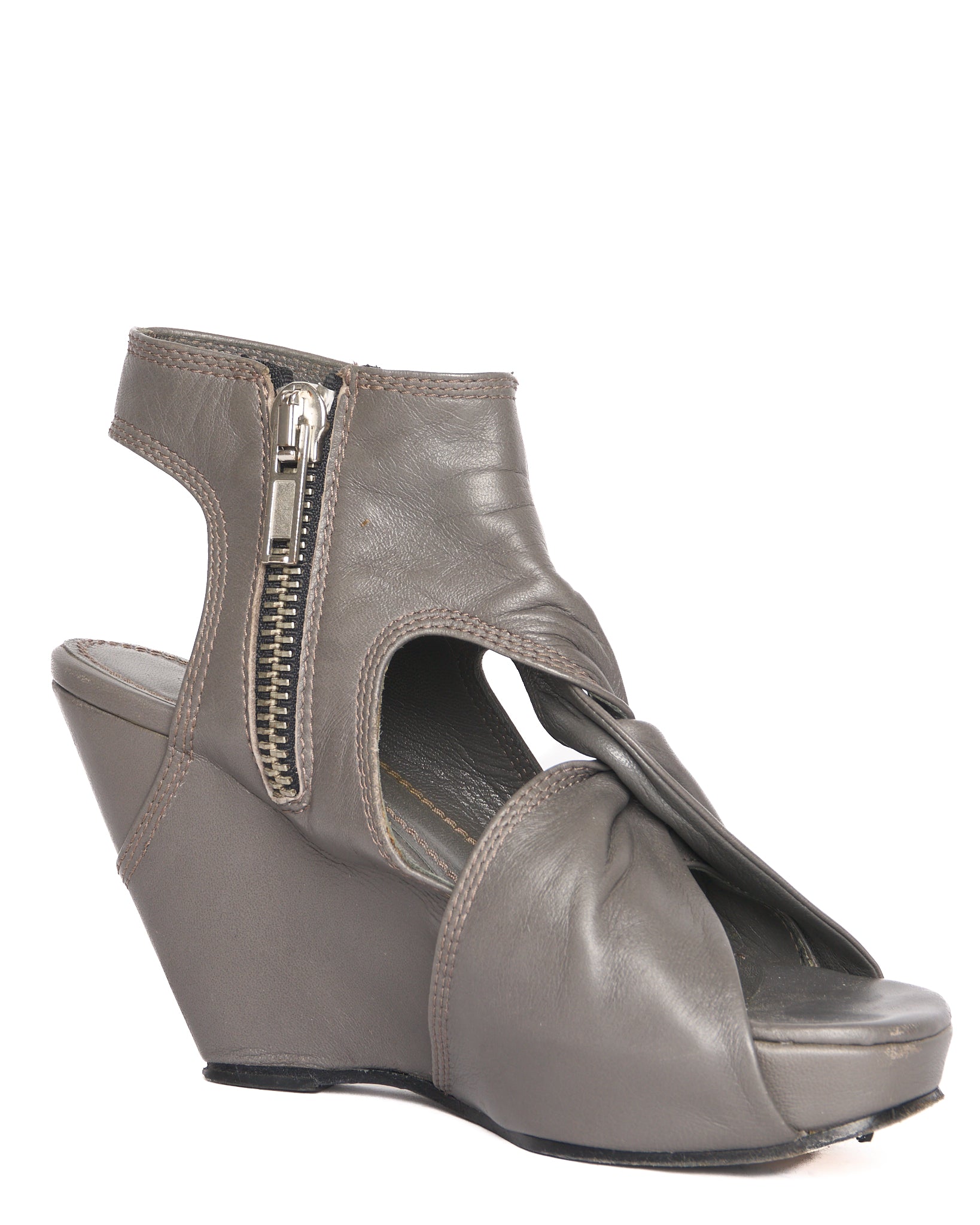 2010s Rick Owens Gray Knotted Leather Peep Toe Wedge Heels