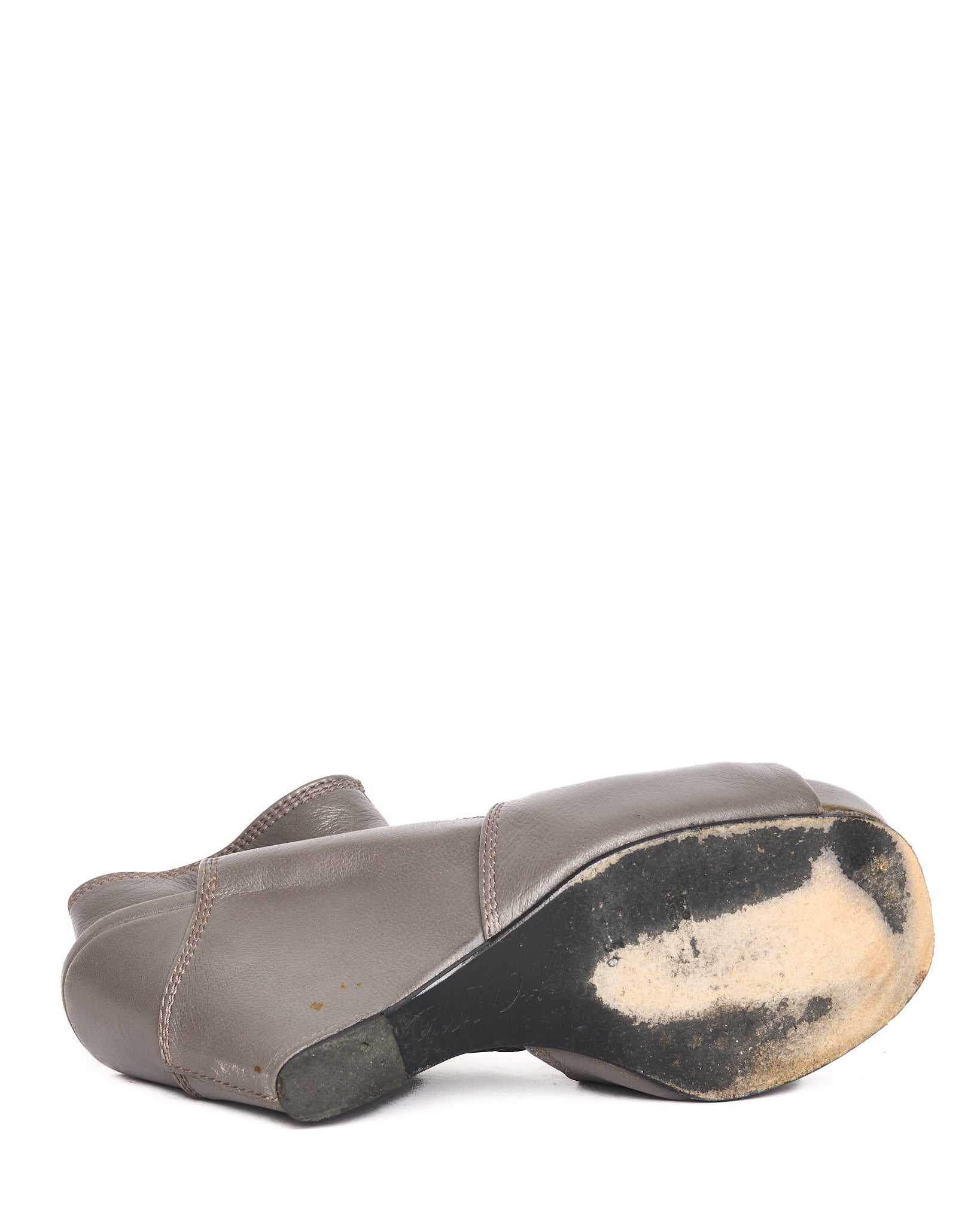 2010s Rick Owens Gray Knotted Leather Peep Toe Wedge Heels