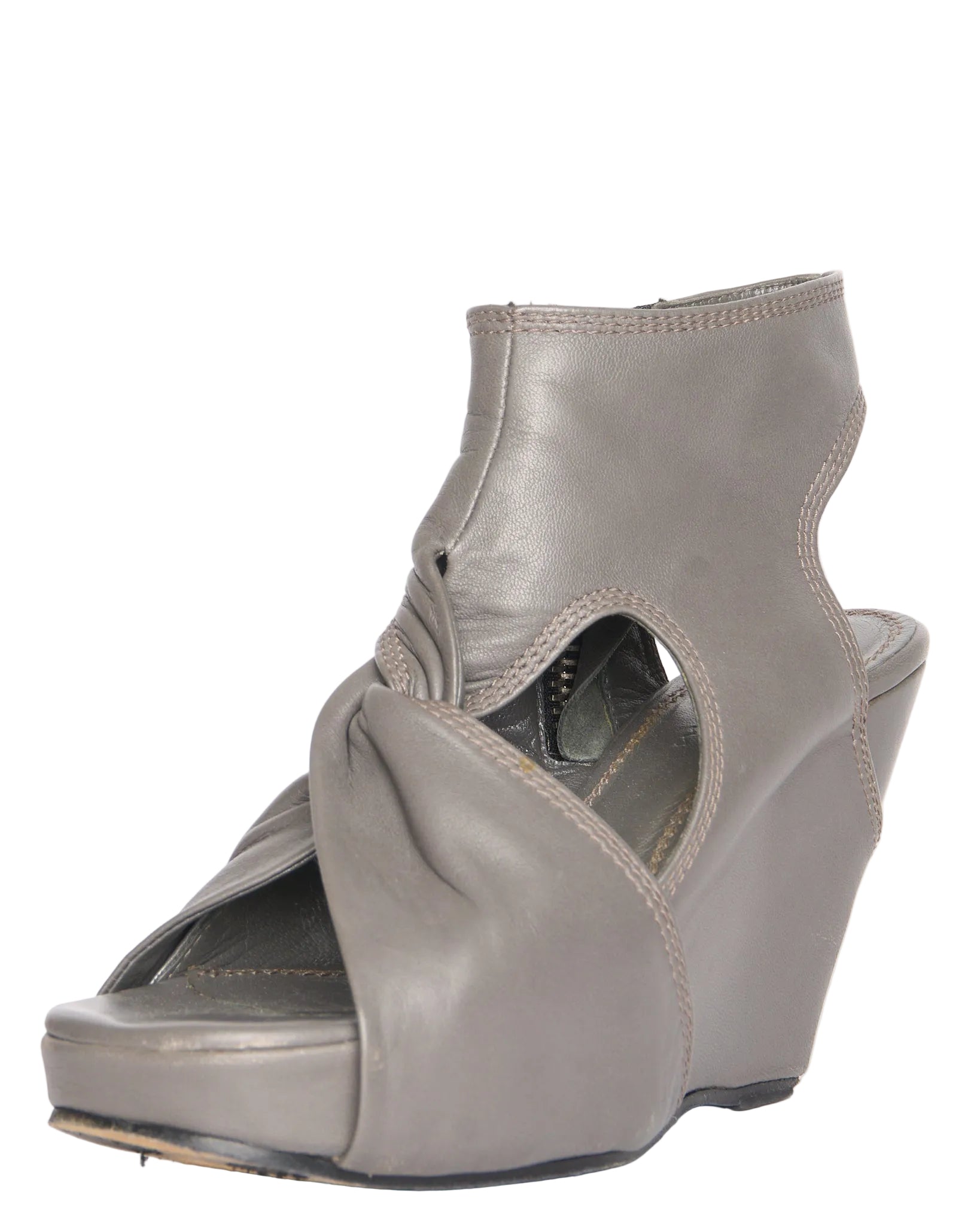 2010s Rick Owens Gray Knotted Leather Peep Toe Wedge Heels