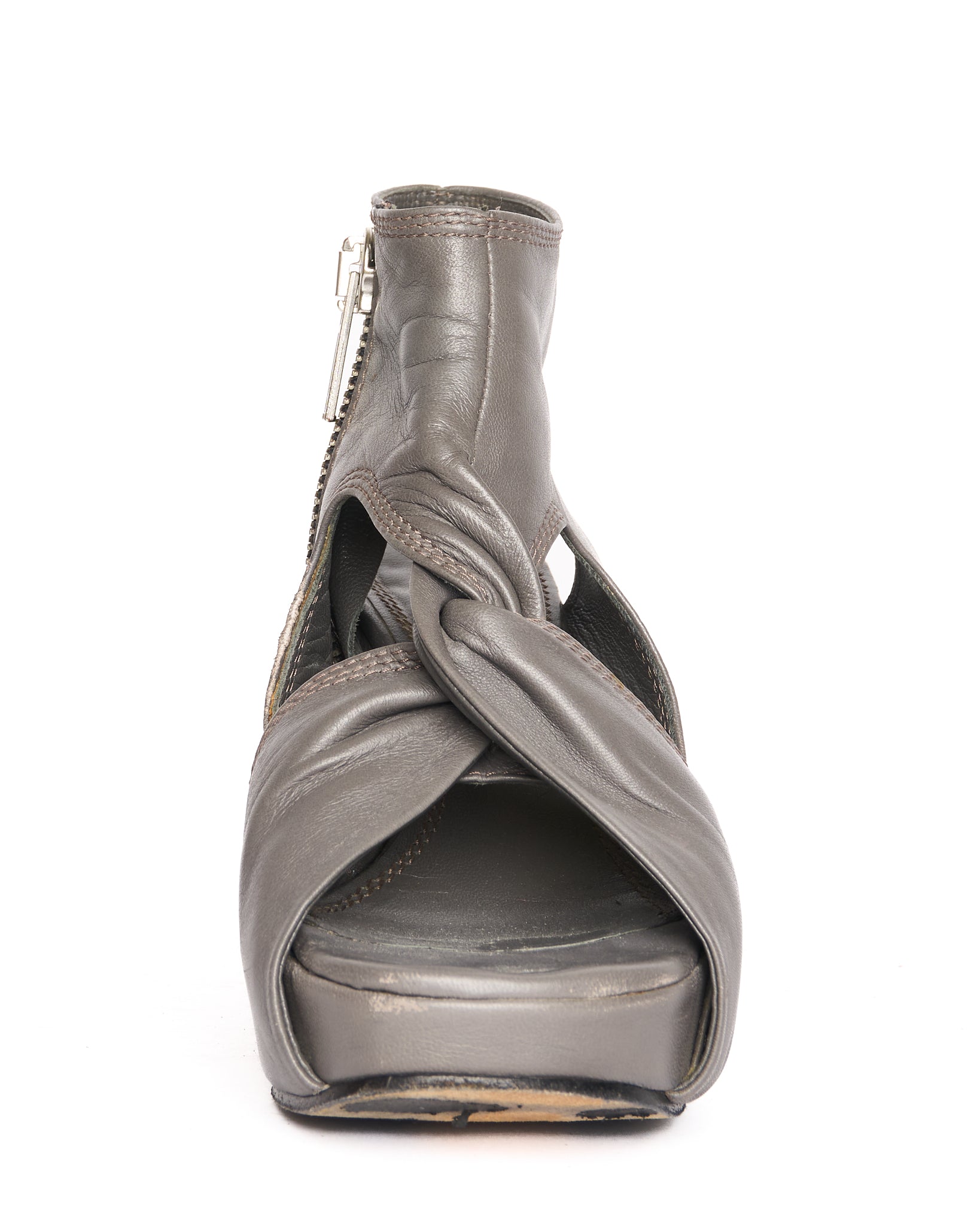 2010s Rick Owens Gray Knotted Leather Peep Toe Wedge Heels
