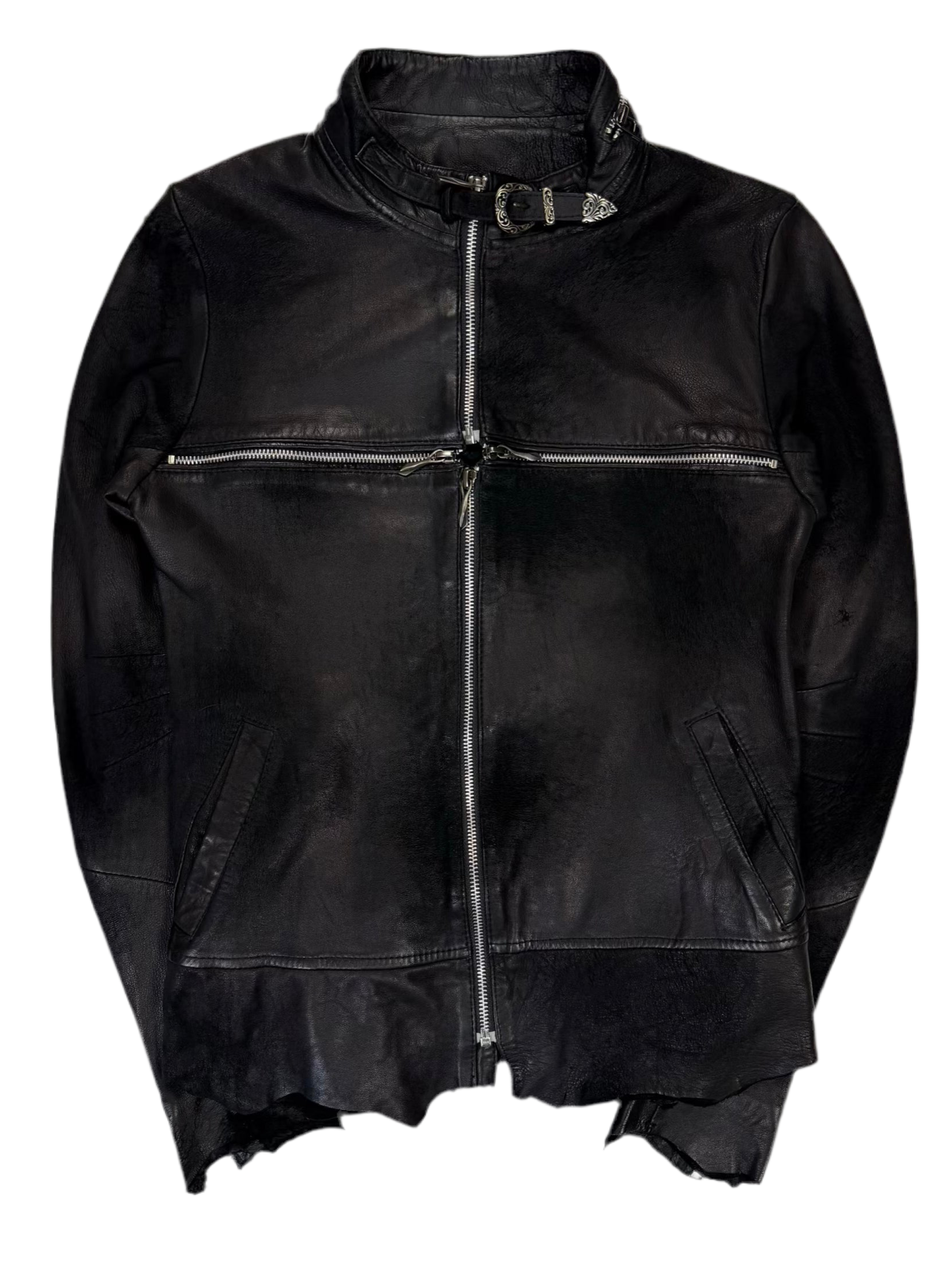 14thAddiction Distressed Sheepskin Cross-zip Leather Jacket