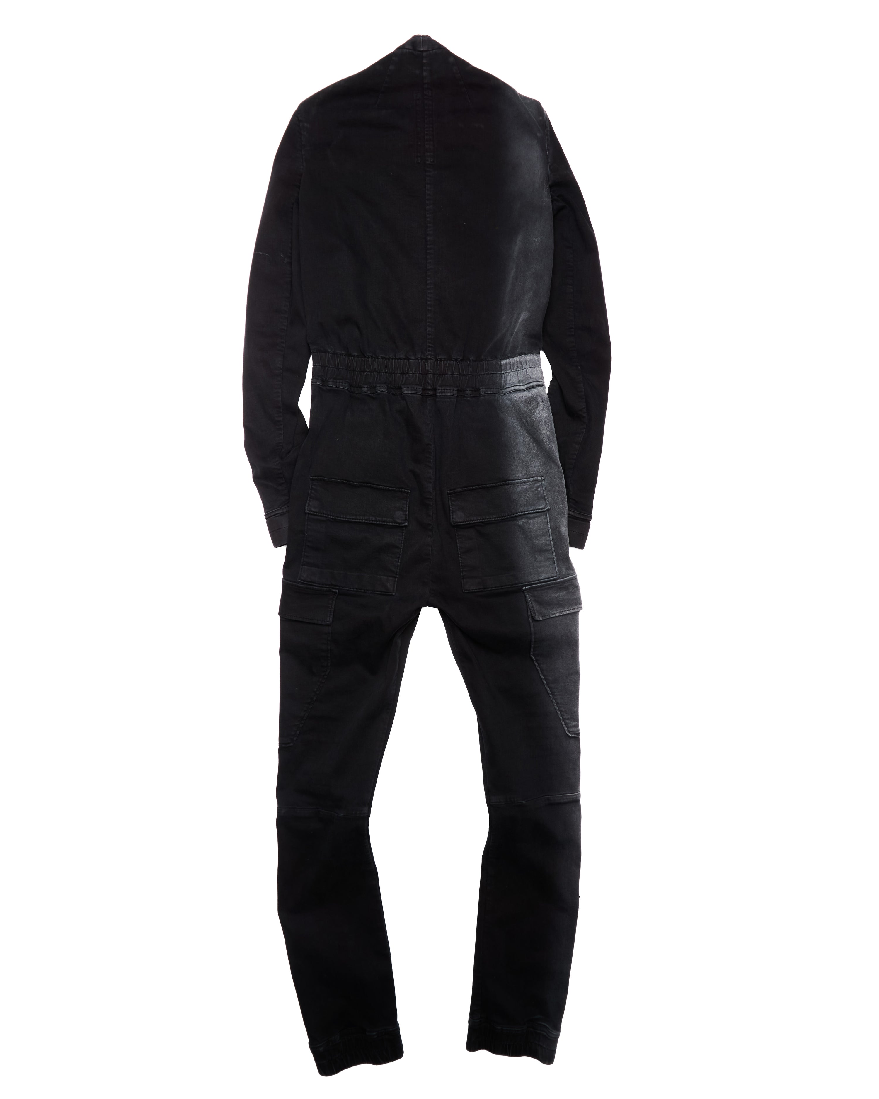 A/W19 Rick Owens "LARRY" Washed Black Cotton Cargo Flight Jumpsuit