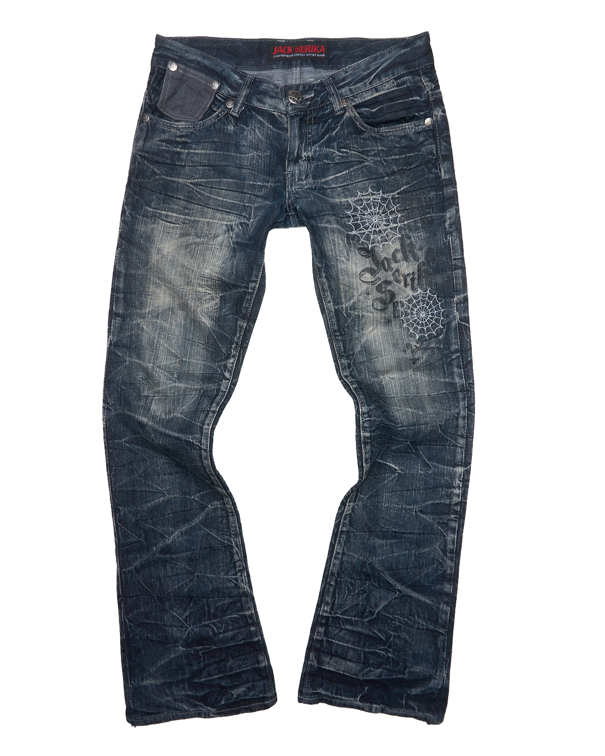 Early 00s JACK SERIKA Web Embroidered Whiskered Flare Denim