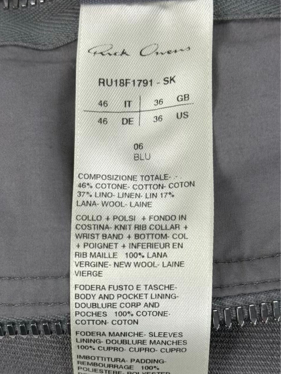 F/W18 Rick Owens Blu Cotton Padded MA-1 Bomber Jacket