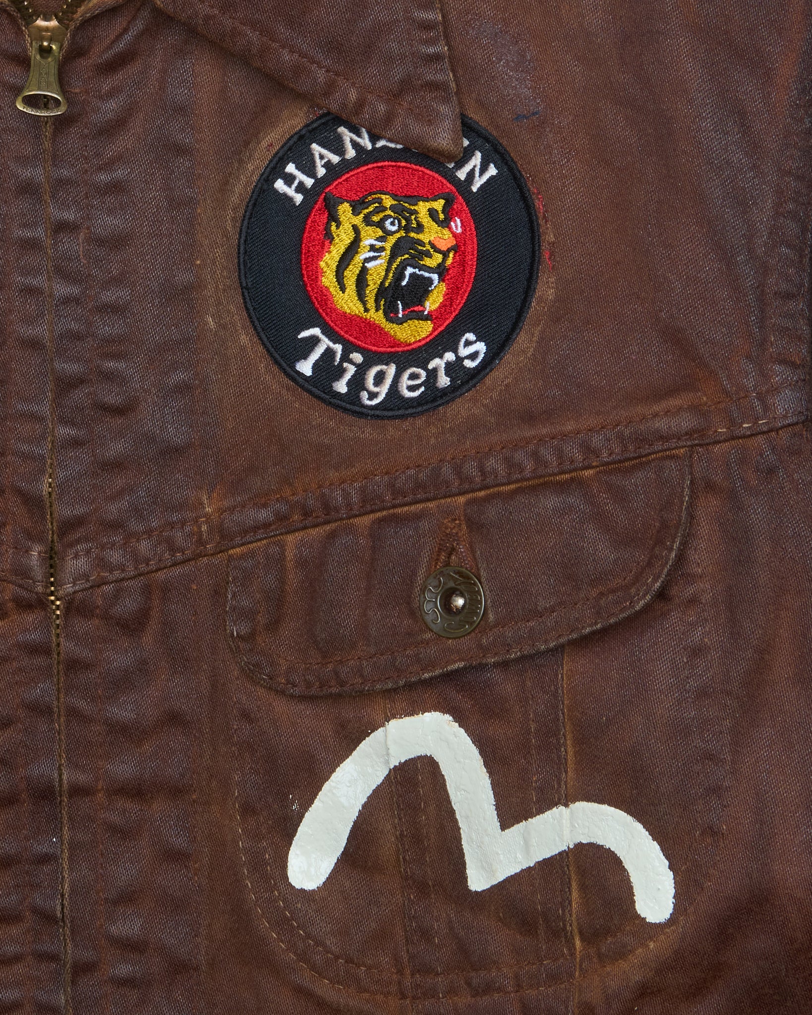 90s EVIS x Hanshin Tigers Hand-Paint Over-dye Waxed 101-J Cowboy Zip-Jacket