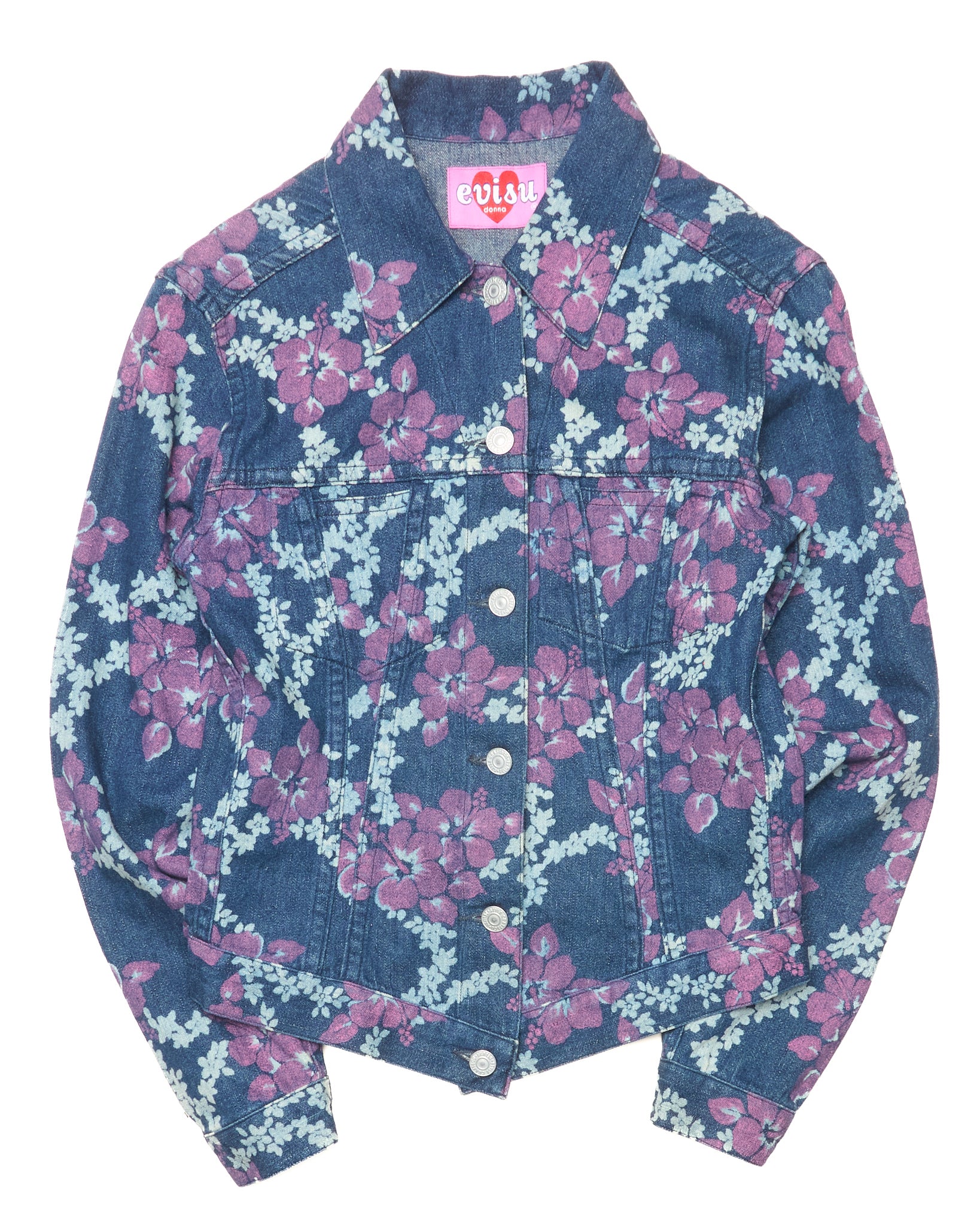 Floral patterned denim jacket on a white background