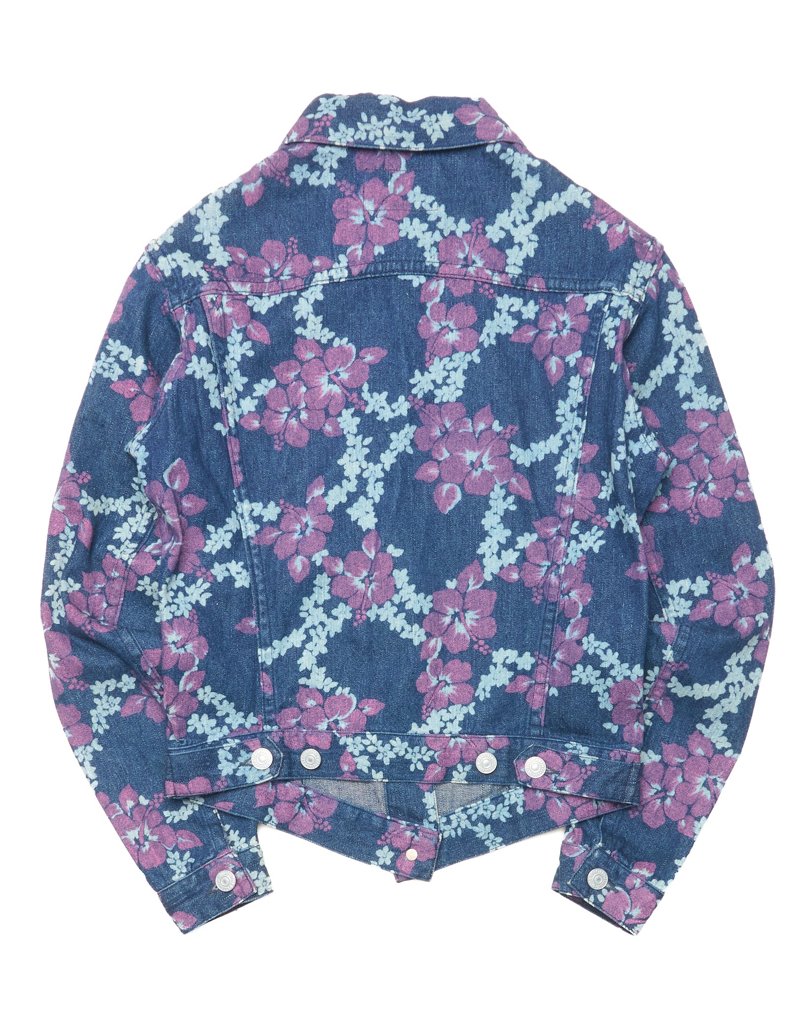 Floral patterned denim jacket on a white background