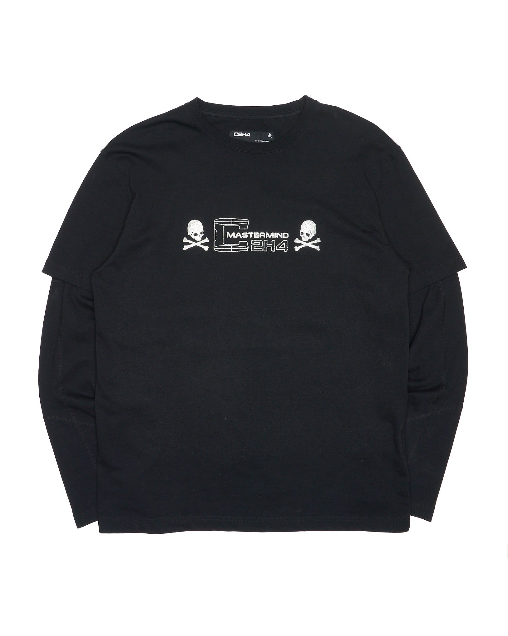 Black long-sleeve shirt with white logo on a white background