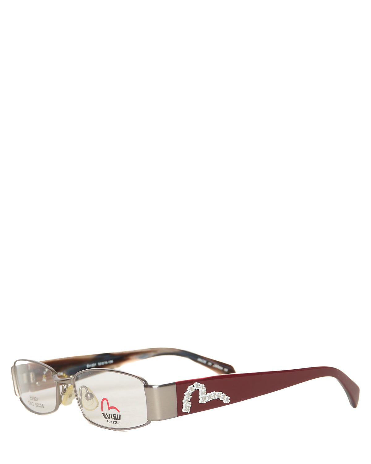 Early 00s EVISU Burgundy Kanji Seagull Clear Glasses