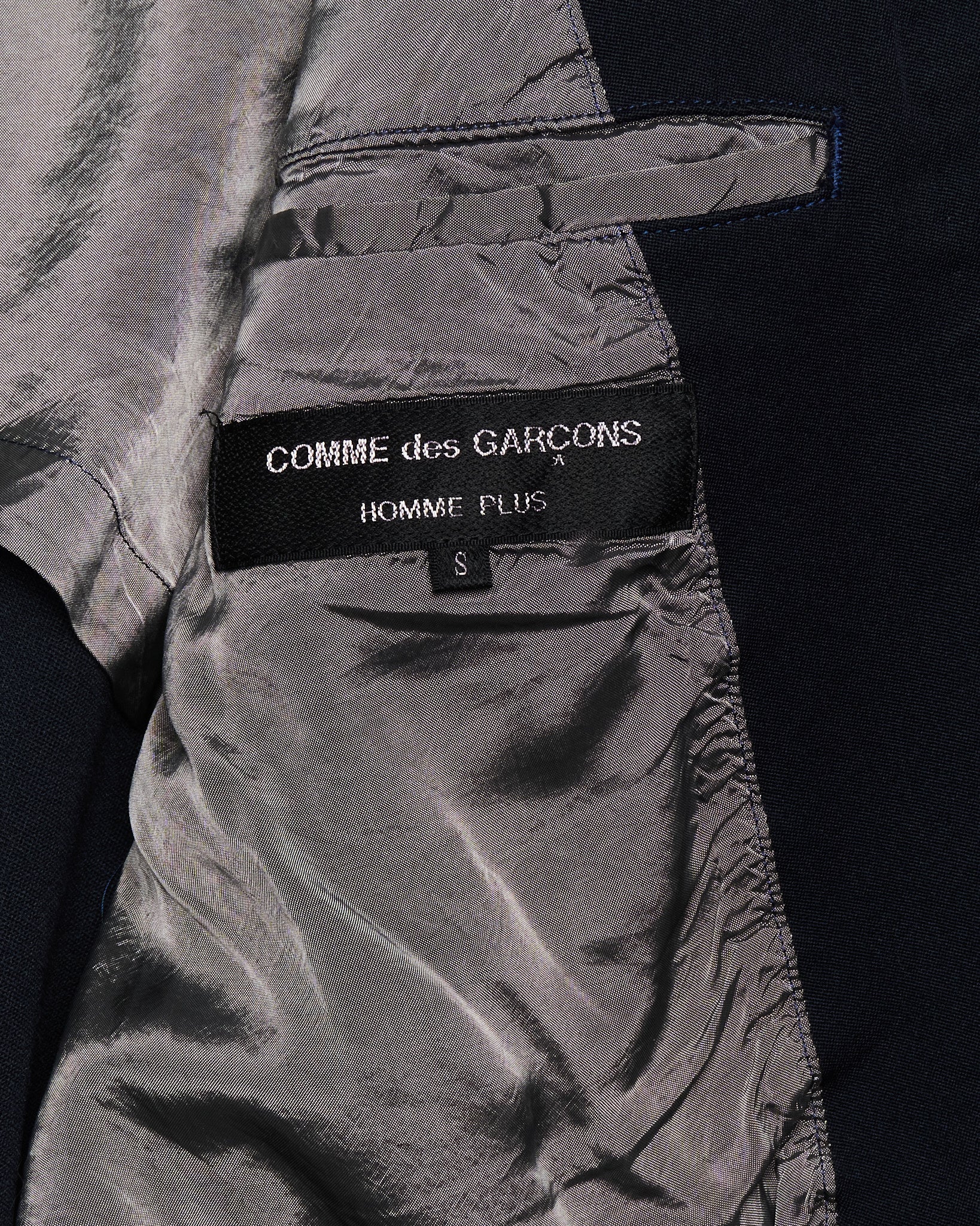 A/W13 COMME des GARÇONS HOMME PLUS Dark Navy Hem Strap Poly Long Blazer