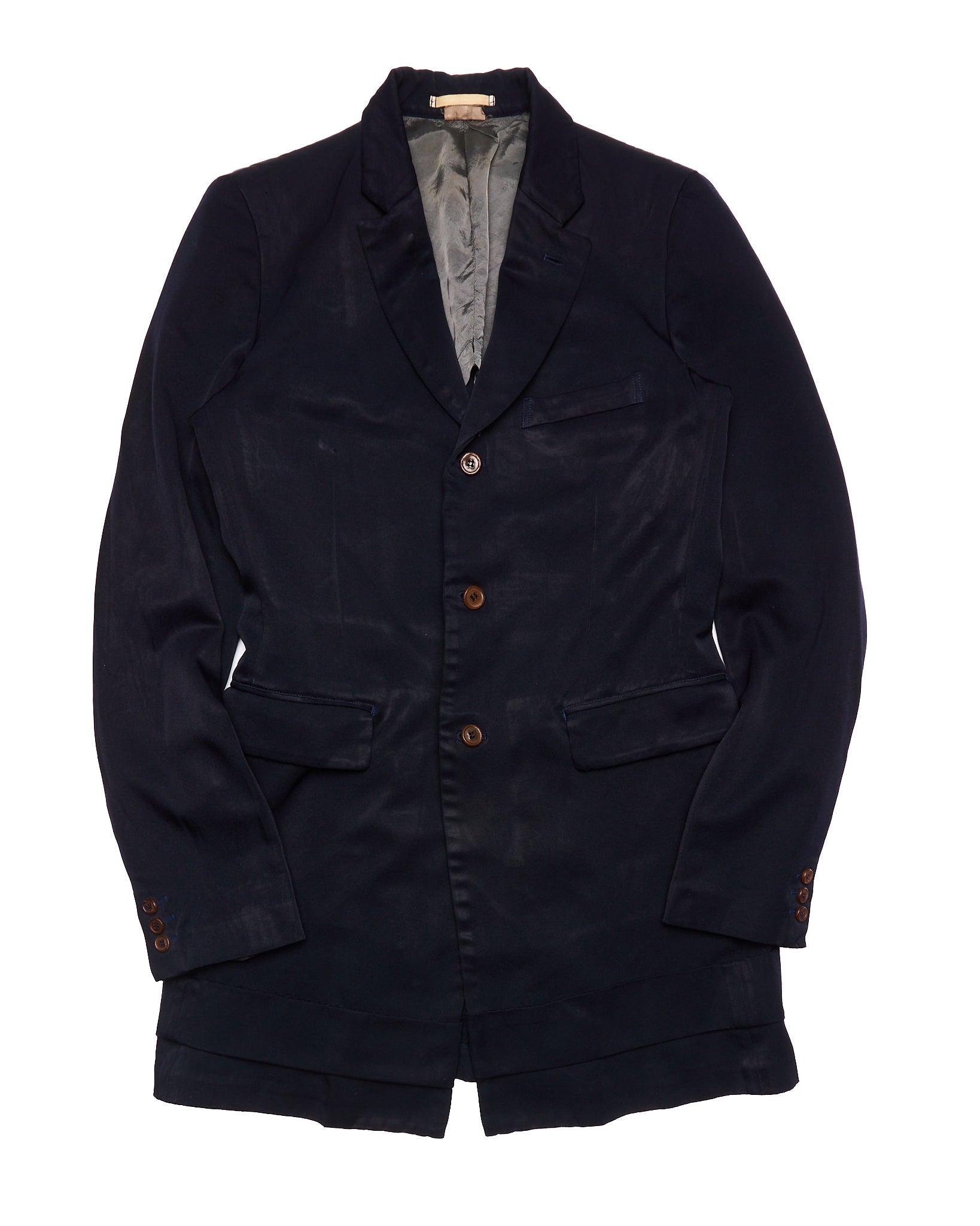 A/W13 COMME des GARÇONS HOMME PLUS Dark Navy Hem Strap Poly Long Blazer