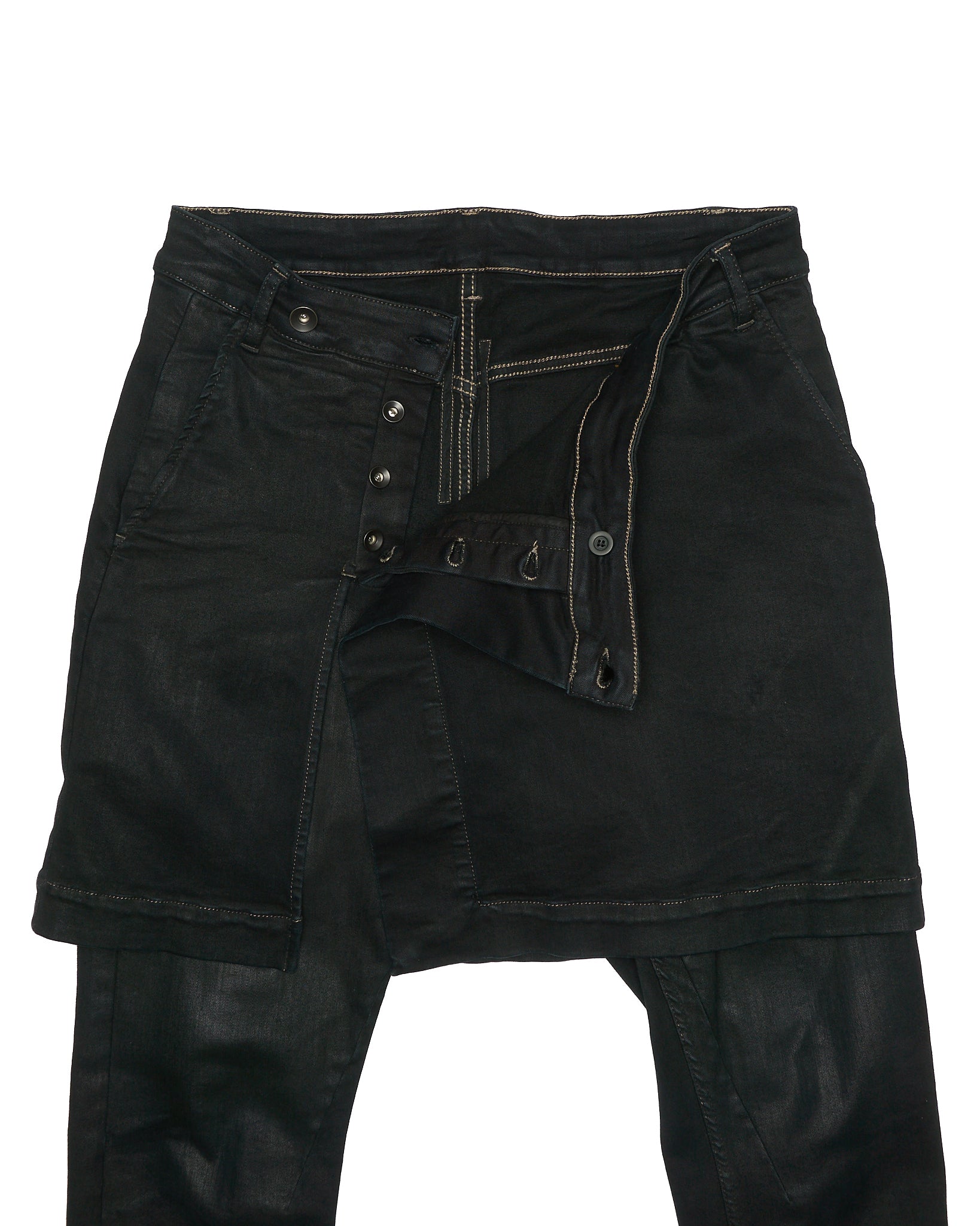 Rick Owens DRKSHDW AW16 "MASTODON" BLACK MATTE Waxed Gladiator Kilt Layer Denim