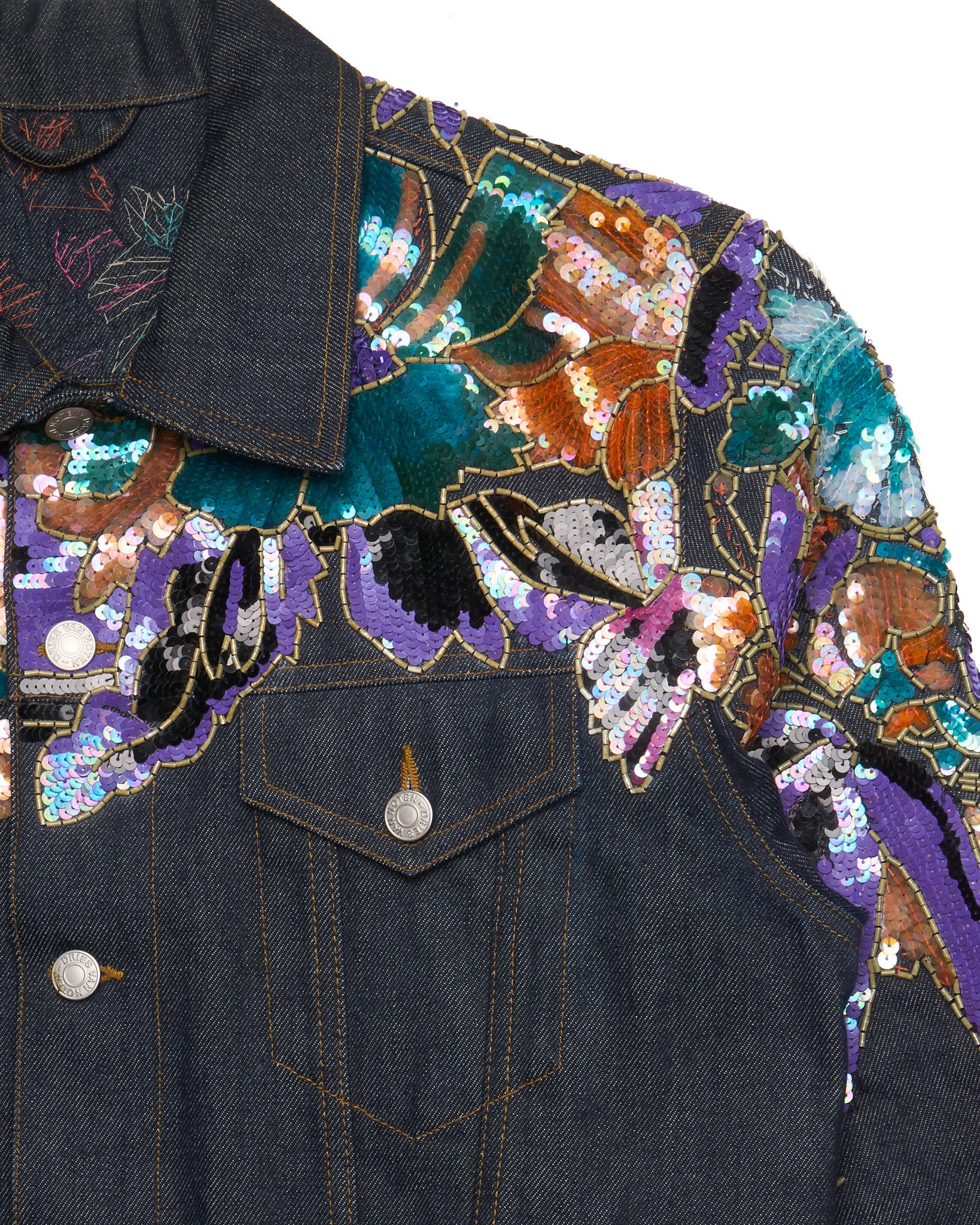 Dries Van Noten Sequin Embroidered Denim Trucker Jacket