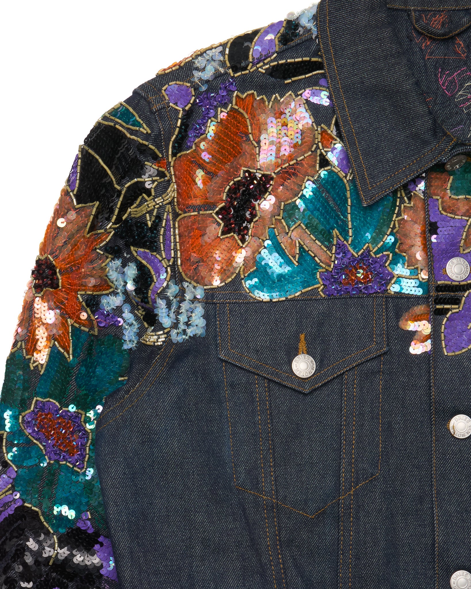 Dries Van Noten Sequin Embroidered Denim Trucker Jacket