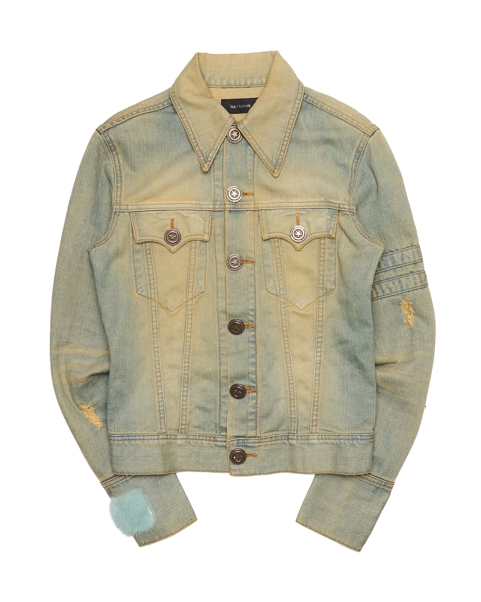 Early 00s LED RECHWE Vintage Wash Distressed Cropped Denim Trucker Jacket