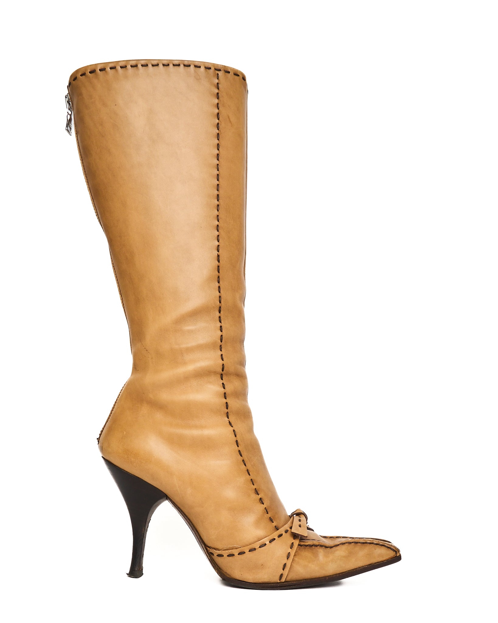 Early 00s Prada Knee High Contrast Stitch Leather Boots