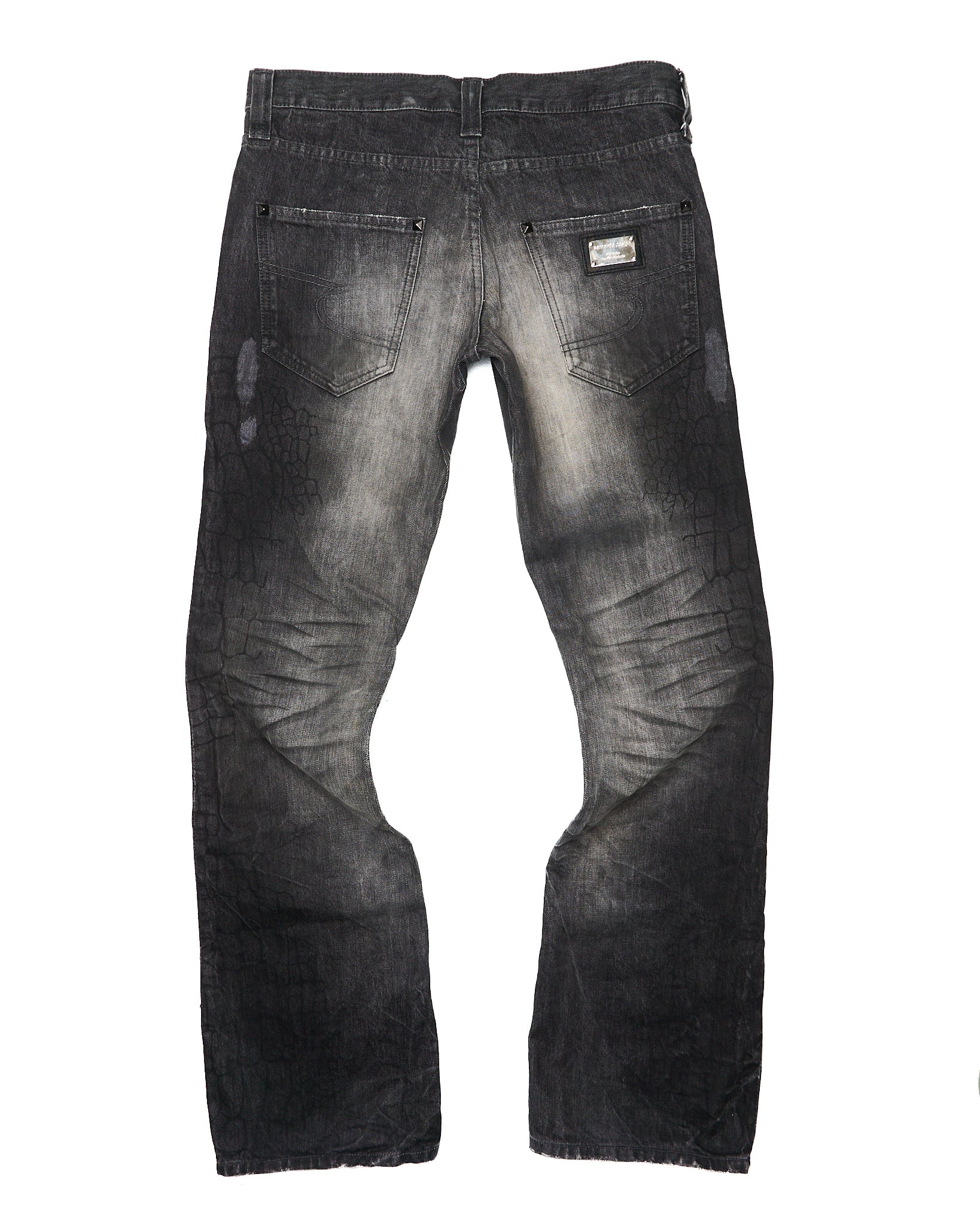 Early 00s semantic design Grey Studded Wax Whisker Bootcut Denim
