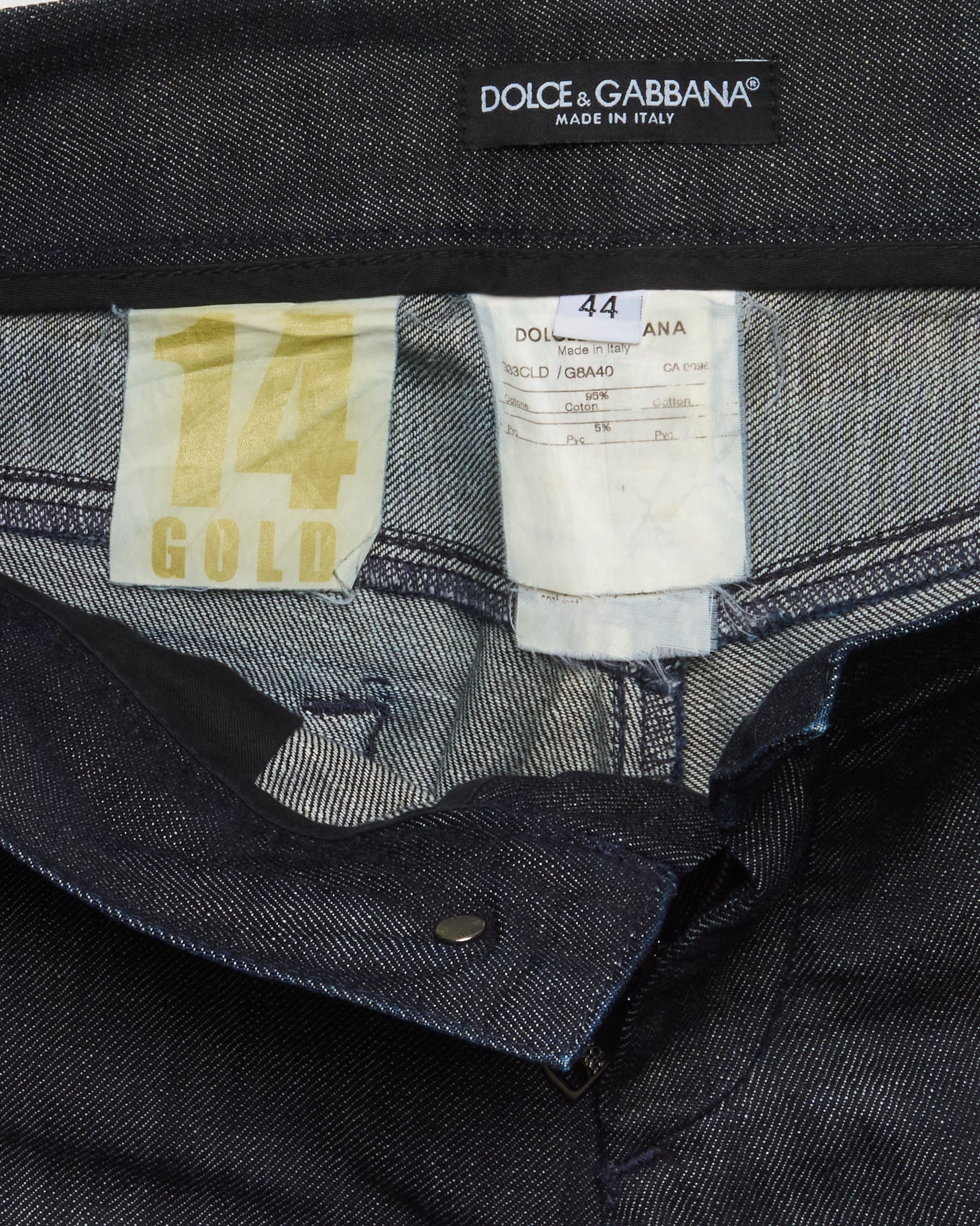 Early 2000s Dolce & Gabbana 14 GOLD PVC Tape Denim Pants