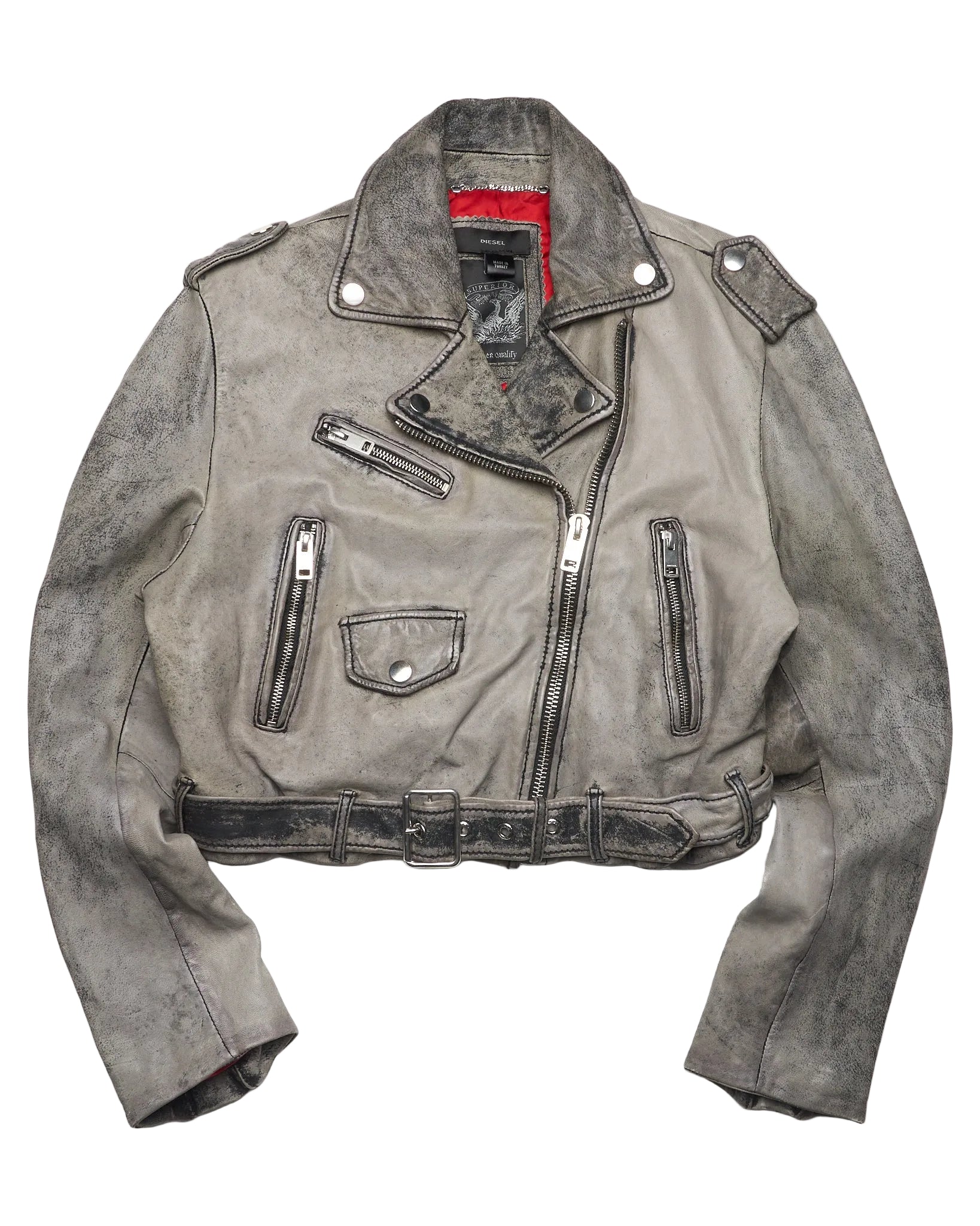 Mid 2010s Diesel Gray Leather Moto Jacket