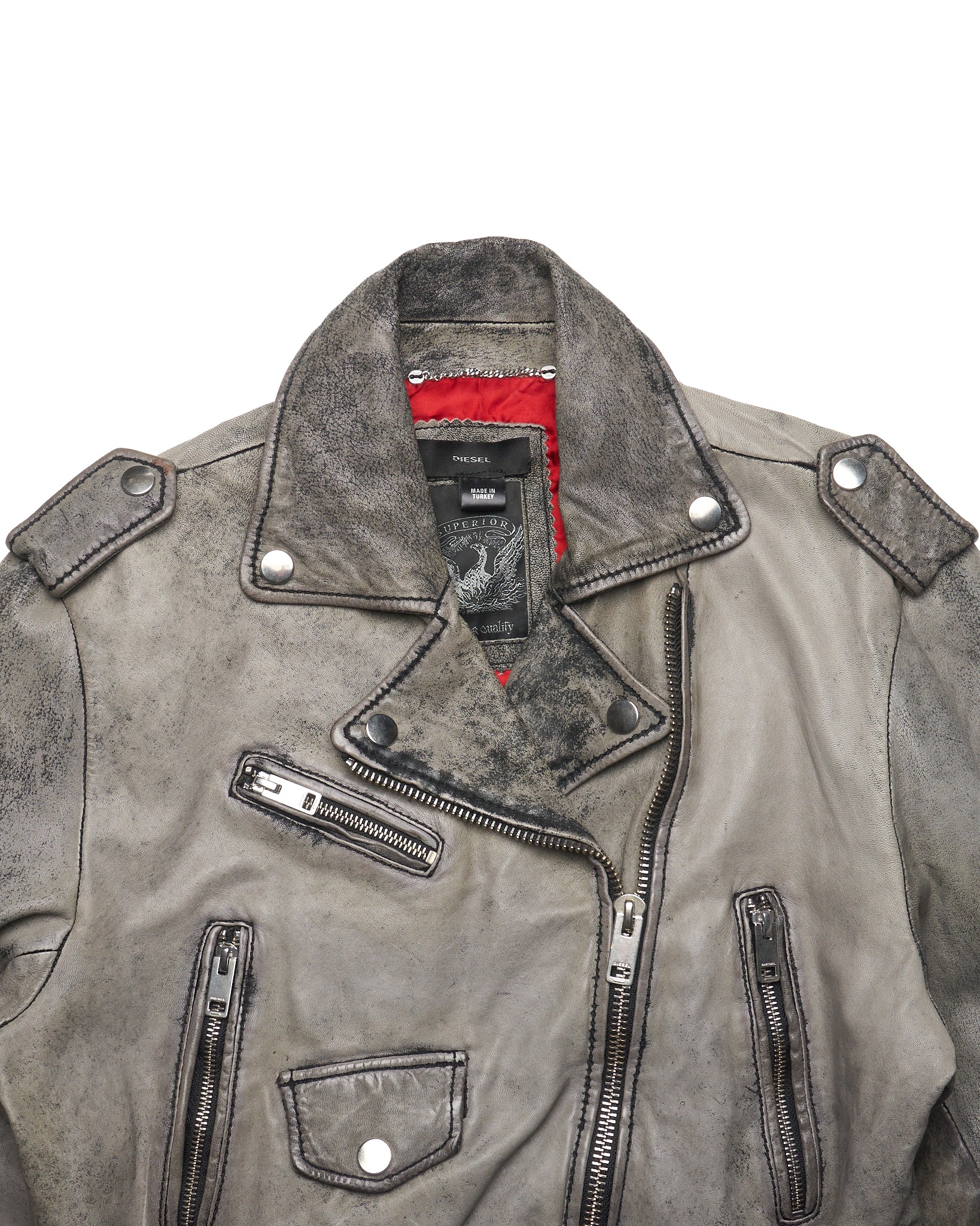 Mid 2010s Diesel Gray Leather Moto Jacket