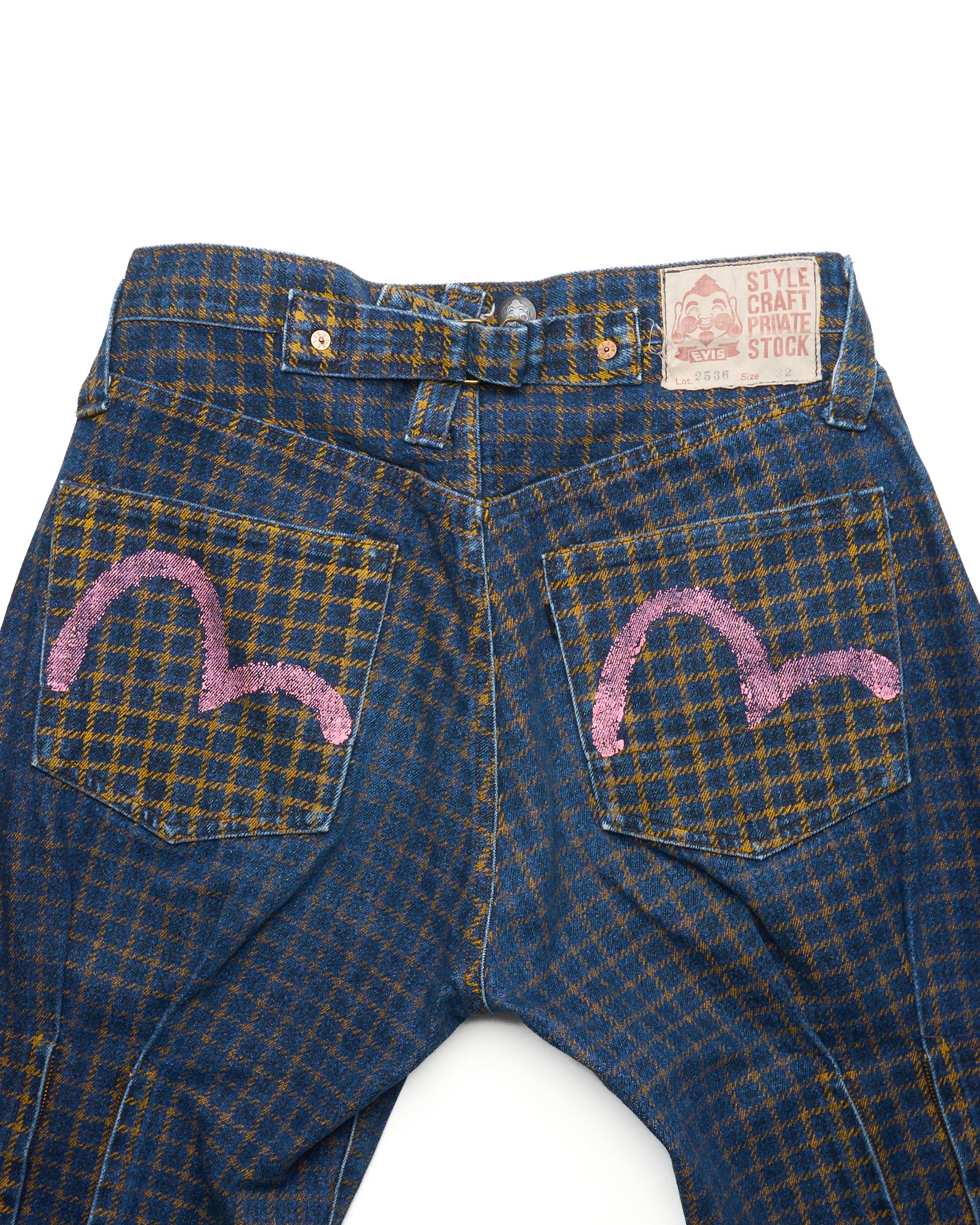 90s EVIS Plaid Zip-Bondage Hand-Paint Seagull Jeans