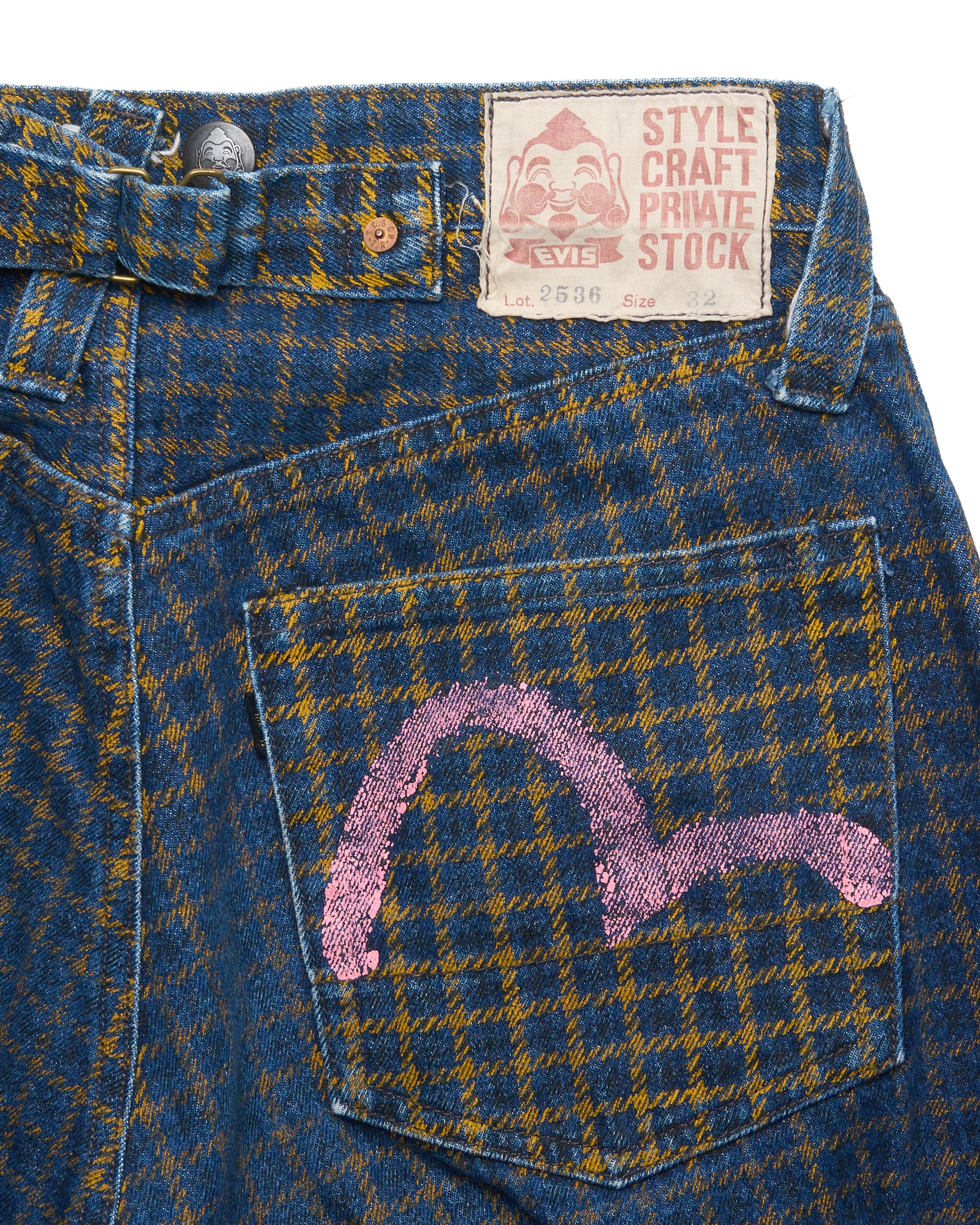 90s EVIS Plaid Zip-Bondage Hand-Paint Seagull Jeans