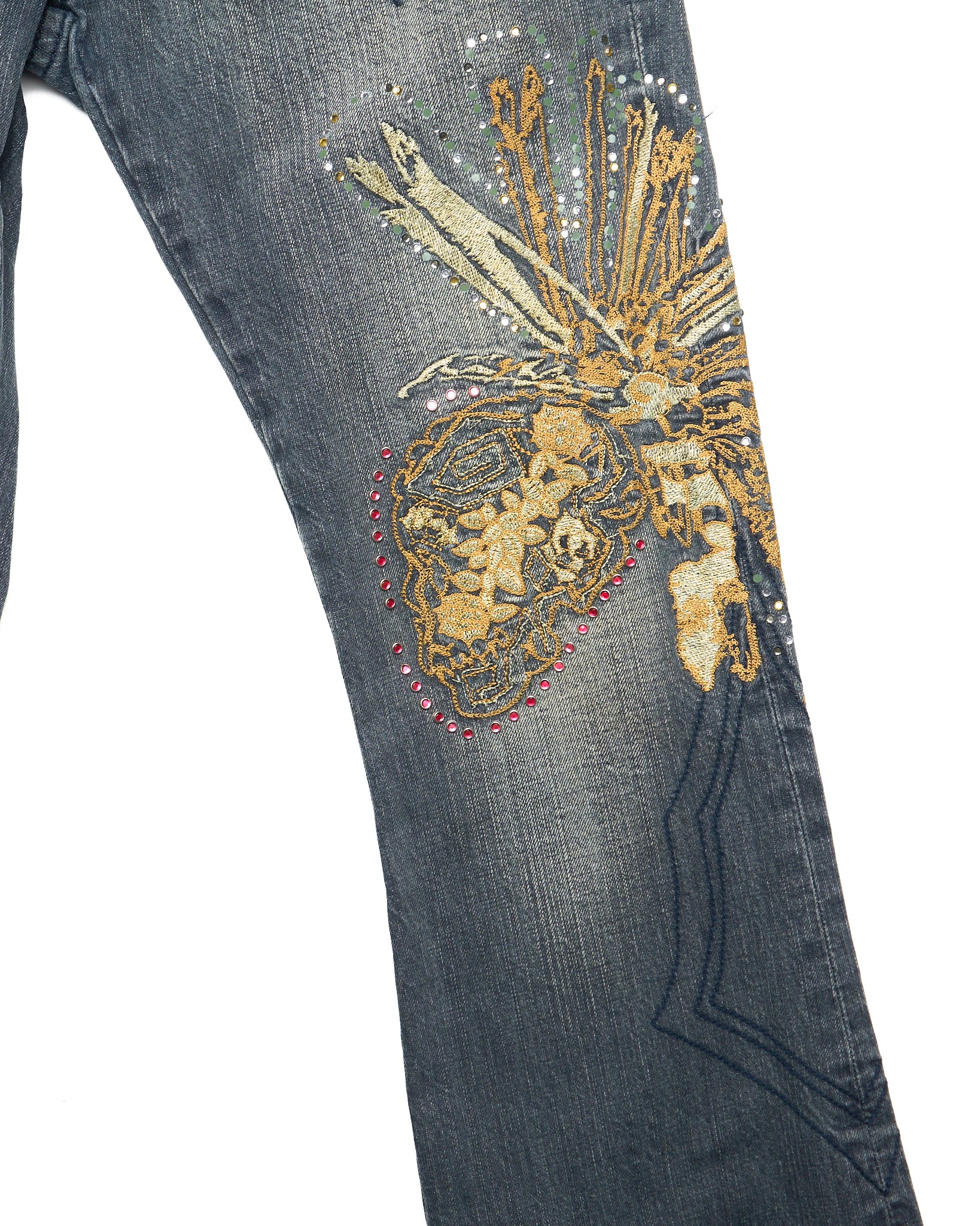 Late 00s Tornado Mart Floral Embroidered Jeans