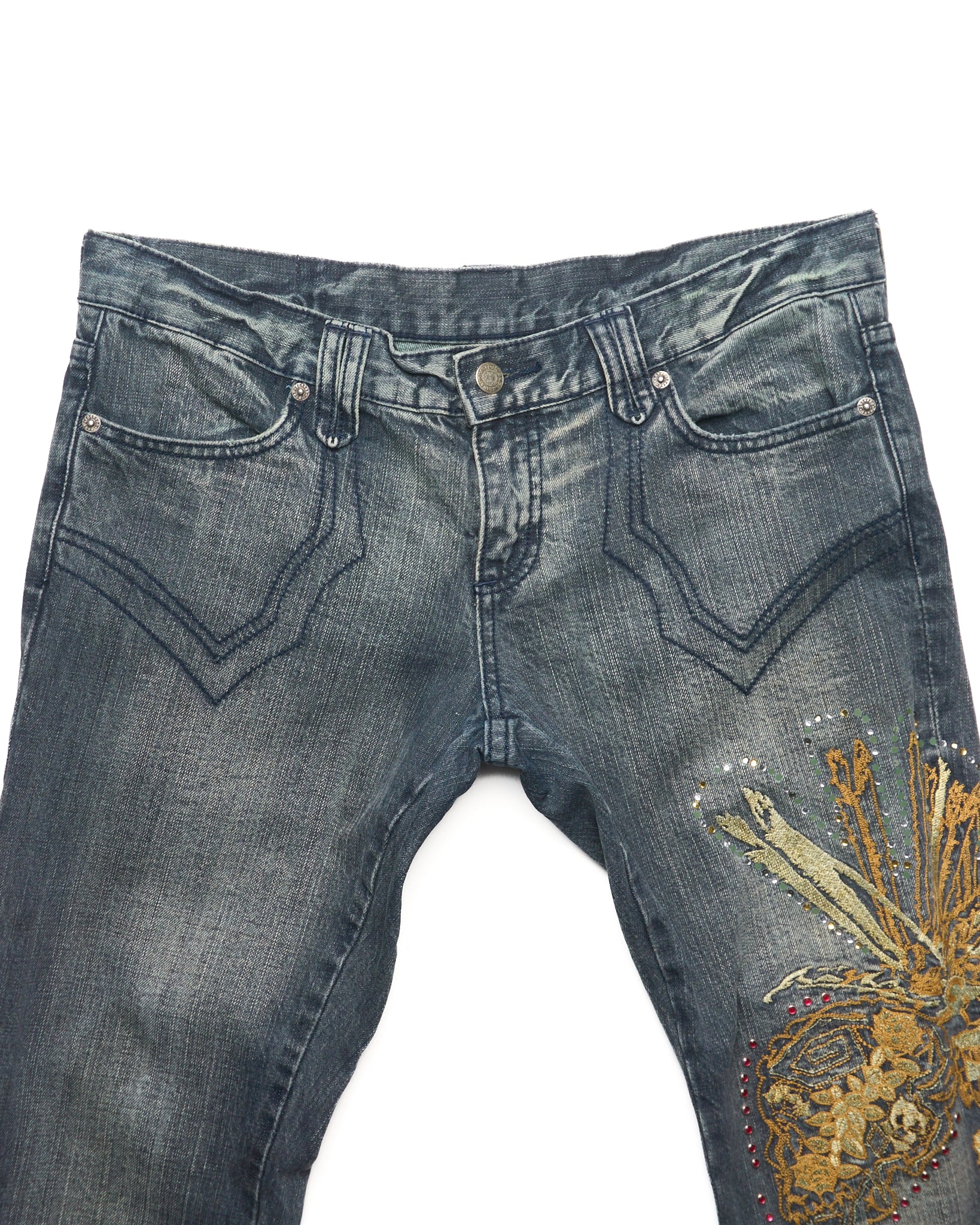 Late 00s Tornado Mart Floral Embroidered Jeans