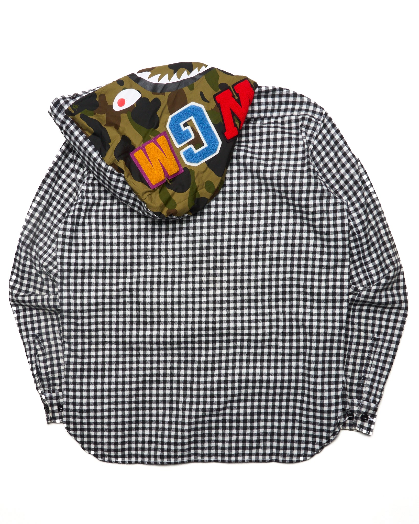 2014 BAPE Plaid Shark Button-Up Hooded Shirt