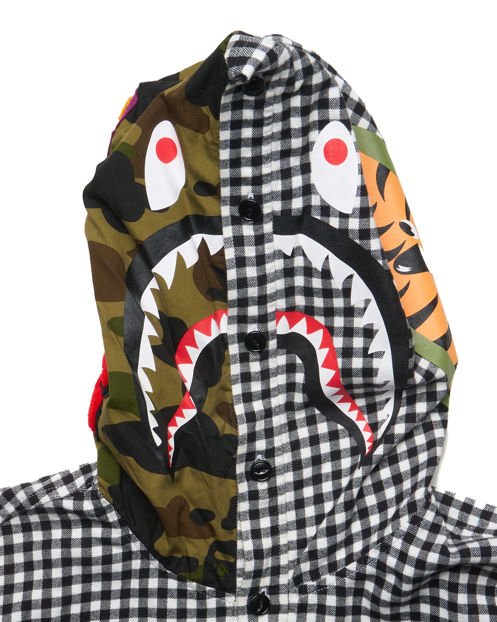 2014 BAPE Plaid Shark Button-Up Hooded Shirt