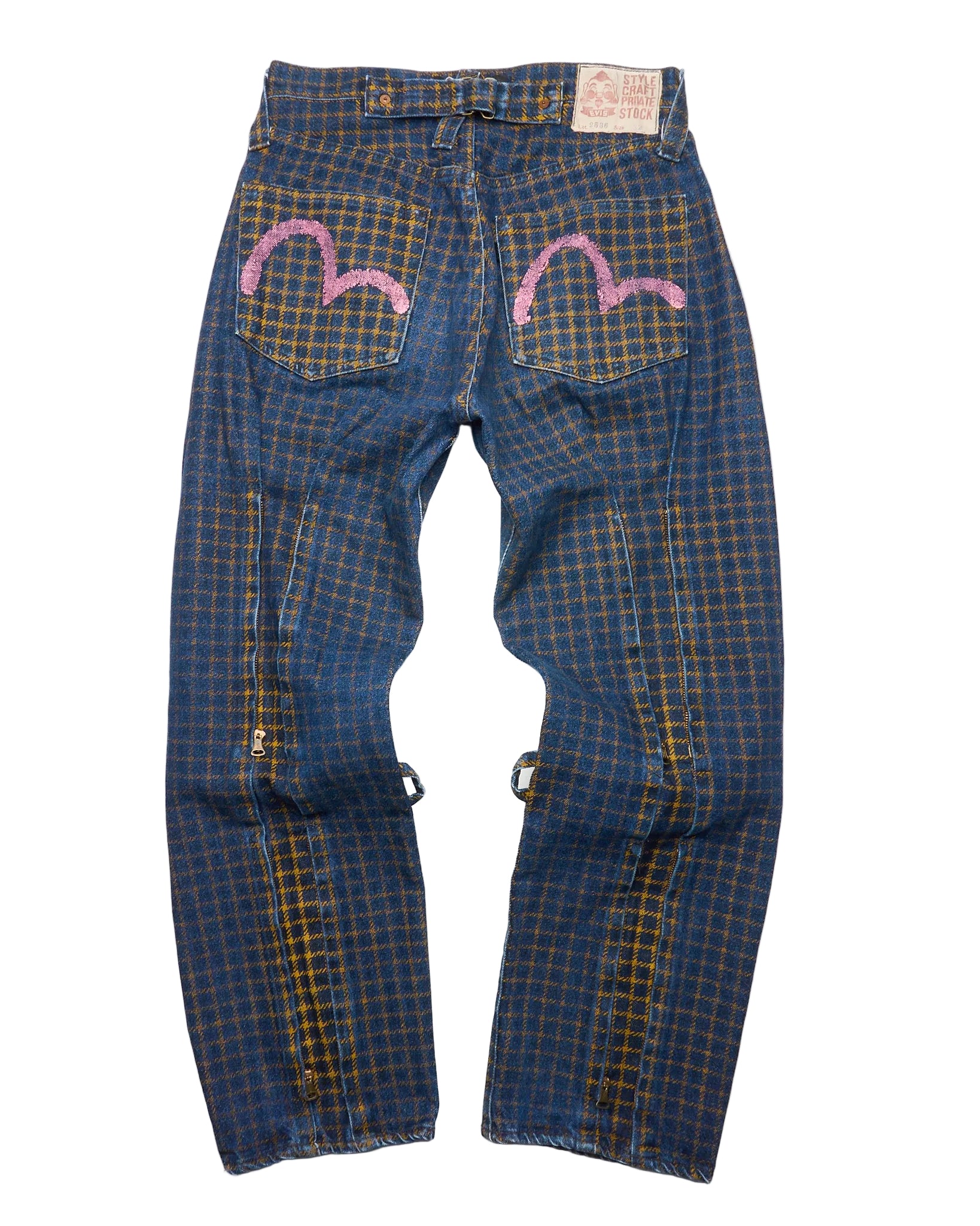 90s EVIS Plaid Zip-Bondage Hand-Paint Seagull Jeans