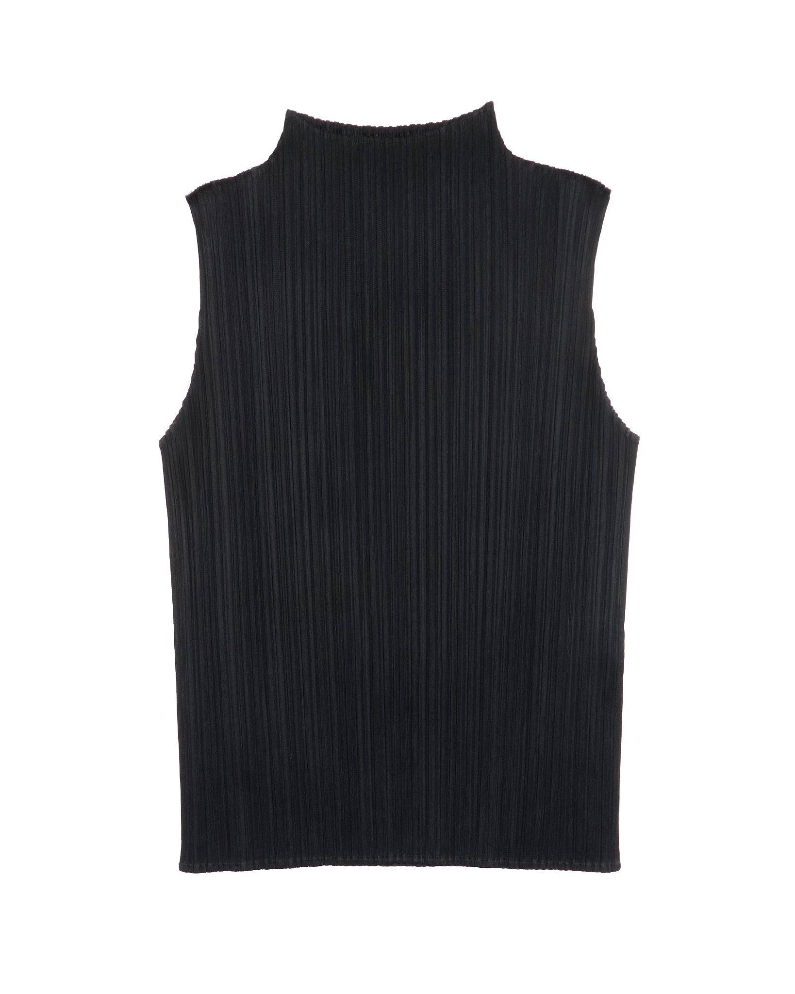 Black sleeveless ribbed knit top on a white background