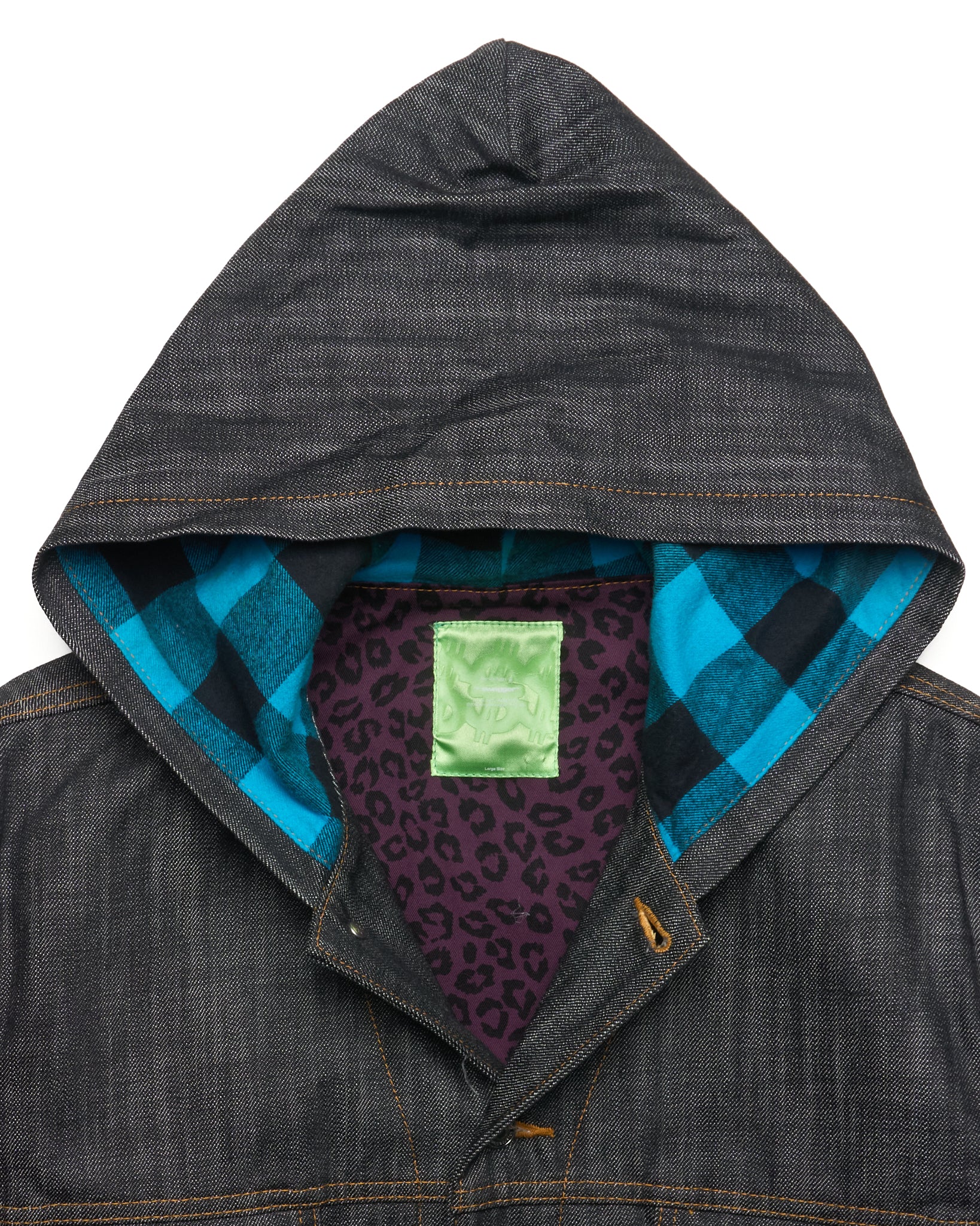 Early 00s Swagger Leopard/Plaid Hooded Denim Jacket