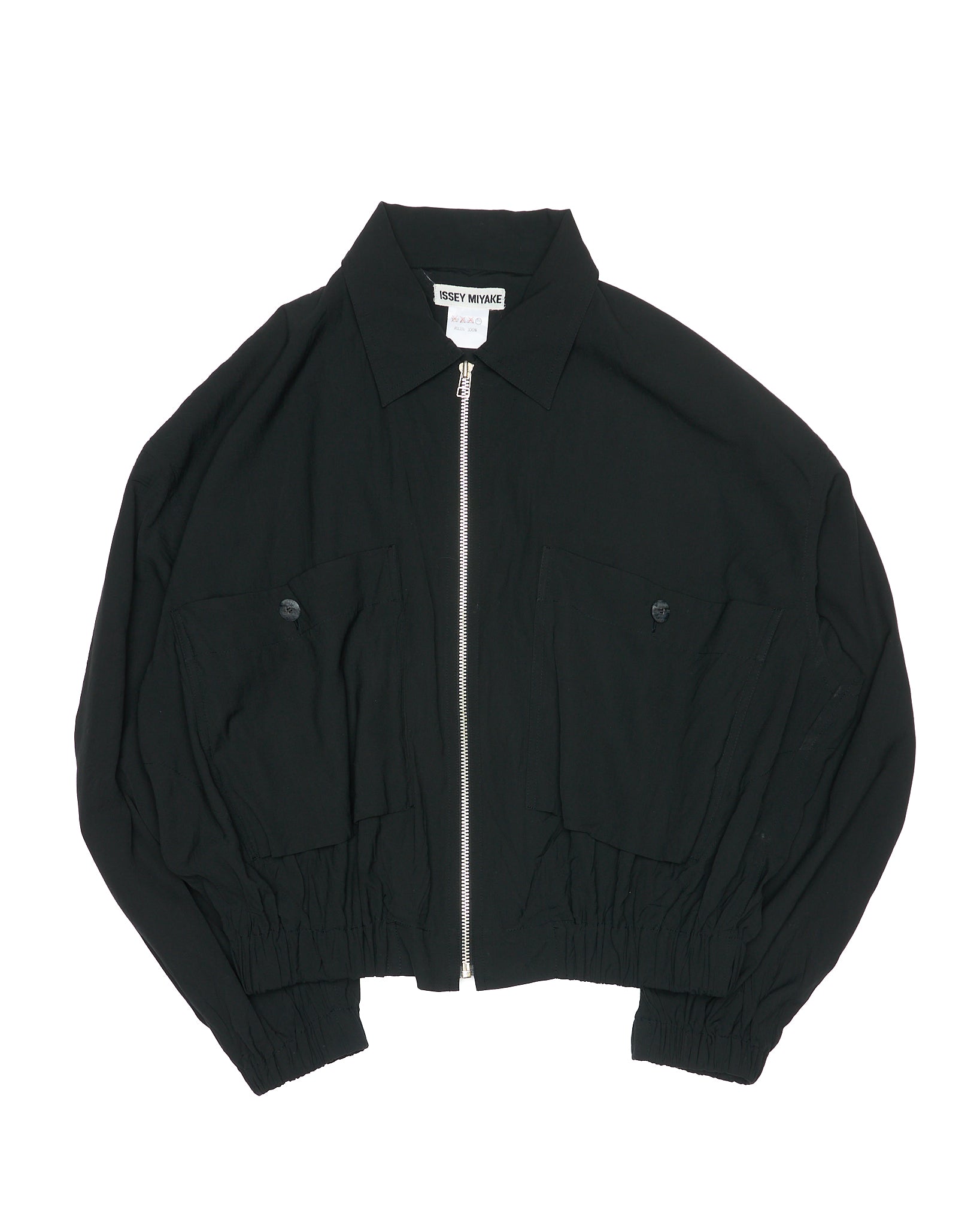 Late 00s Issey Miyake Black Elasticated Cropped Black Blouson Jacket