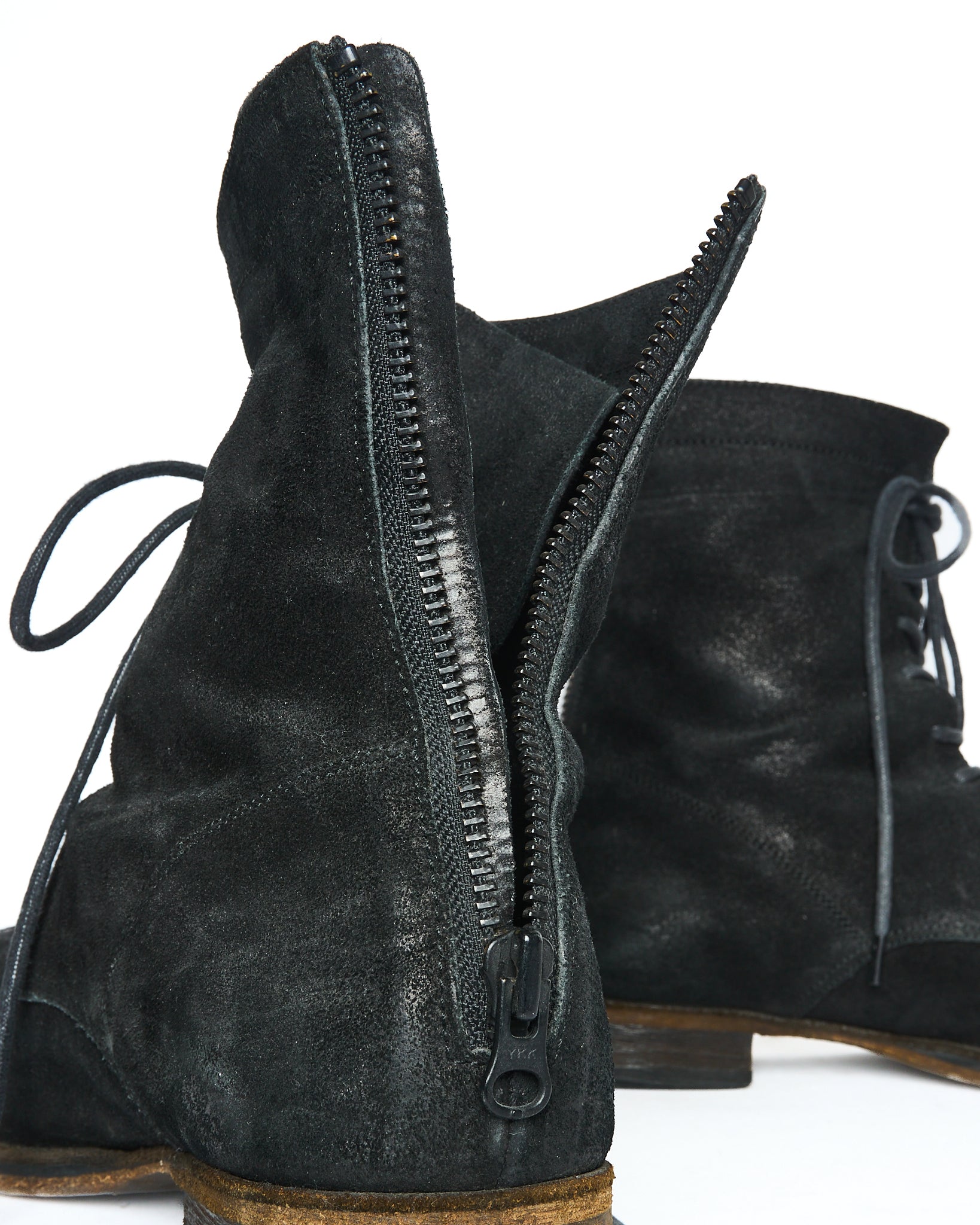 Late 00s Alfredo Bannister IN Reverse Leather Lace-Up Back-Zip Combat Boots
