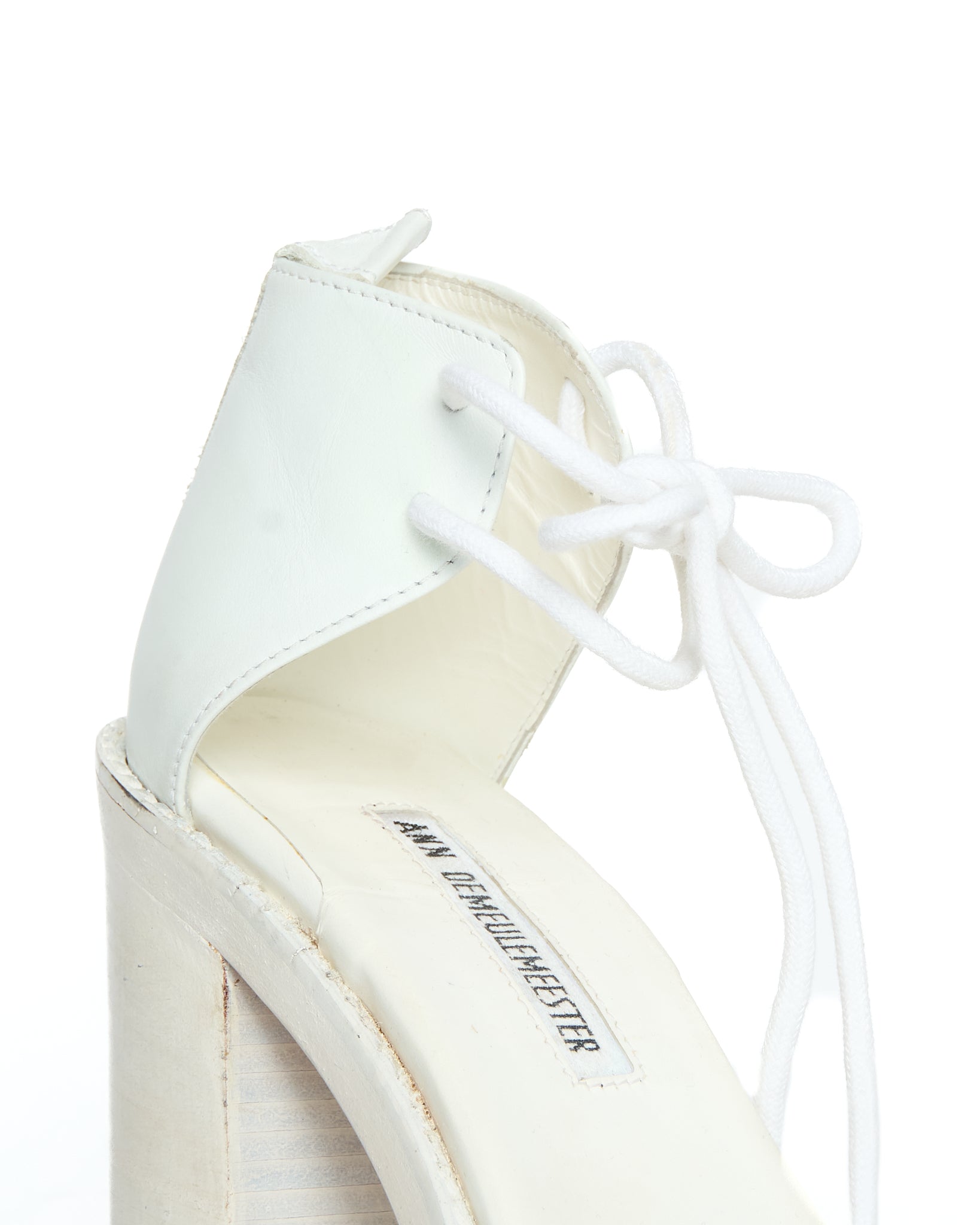 Late 2010s Ann Demeulemeester White Lace Up Open Toe Heeled Sandals