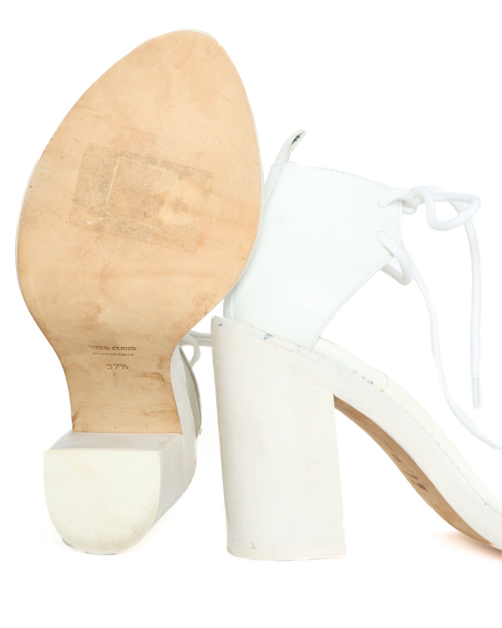Late 2010s Ann Demeulemeester White Lace Up Open Toe Heeled Sandals
