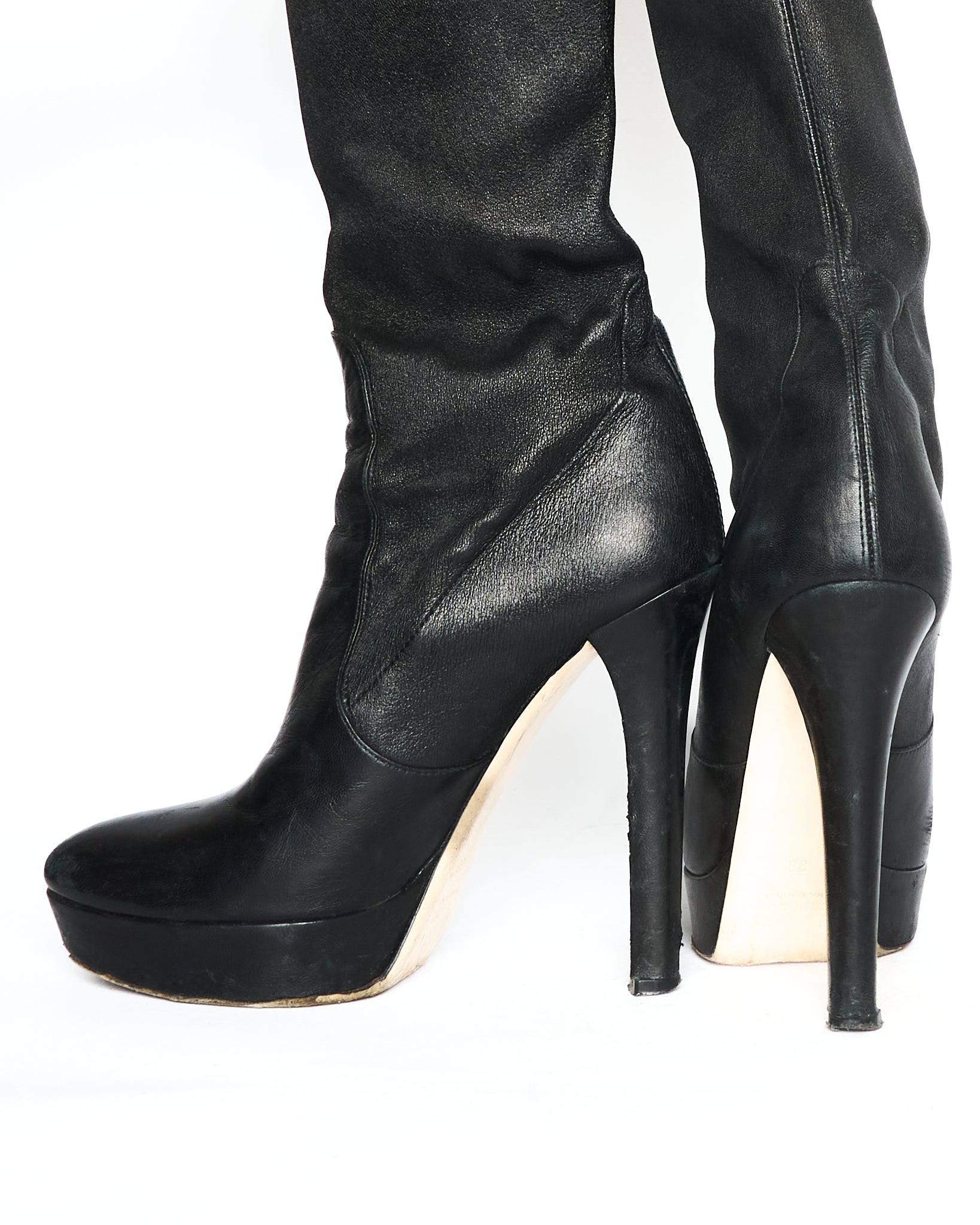 Early 2010s Miu Miu Neoprene and Leather Over The Knee Black Heeled Boots