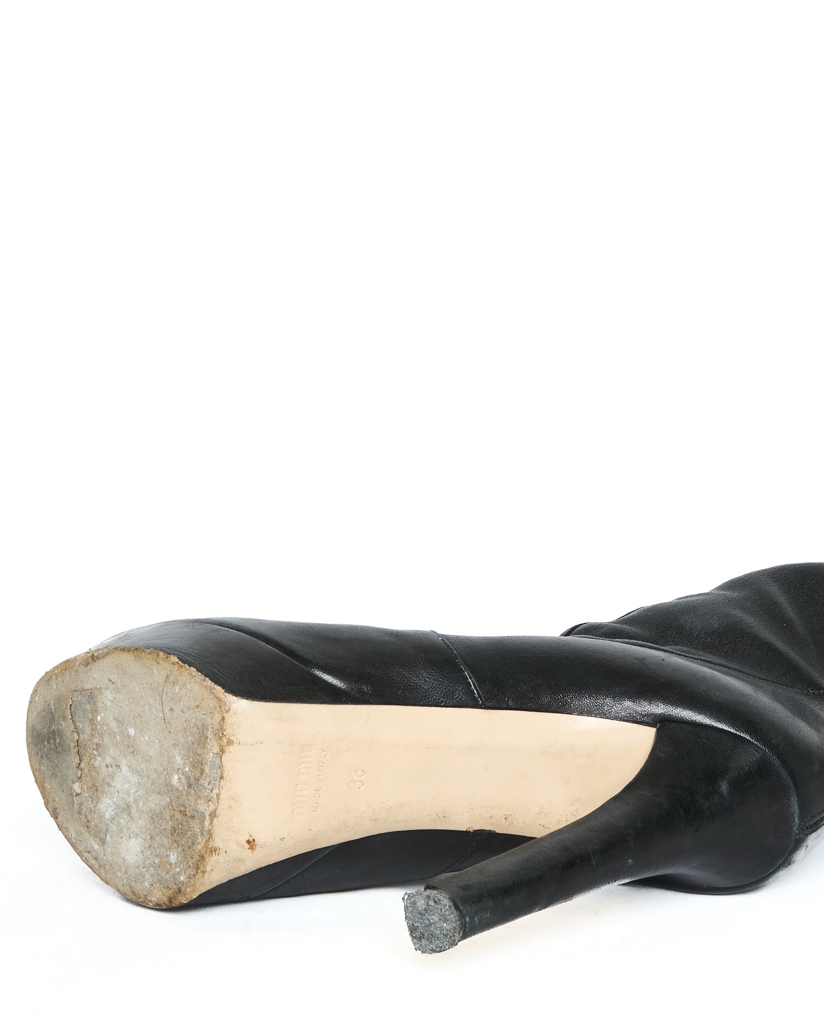 Early 2010s Miu Miu Neoprene and Leather Over The Knee Black Heeled Boots