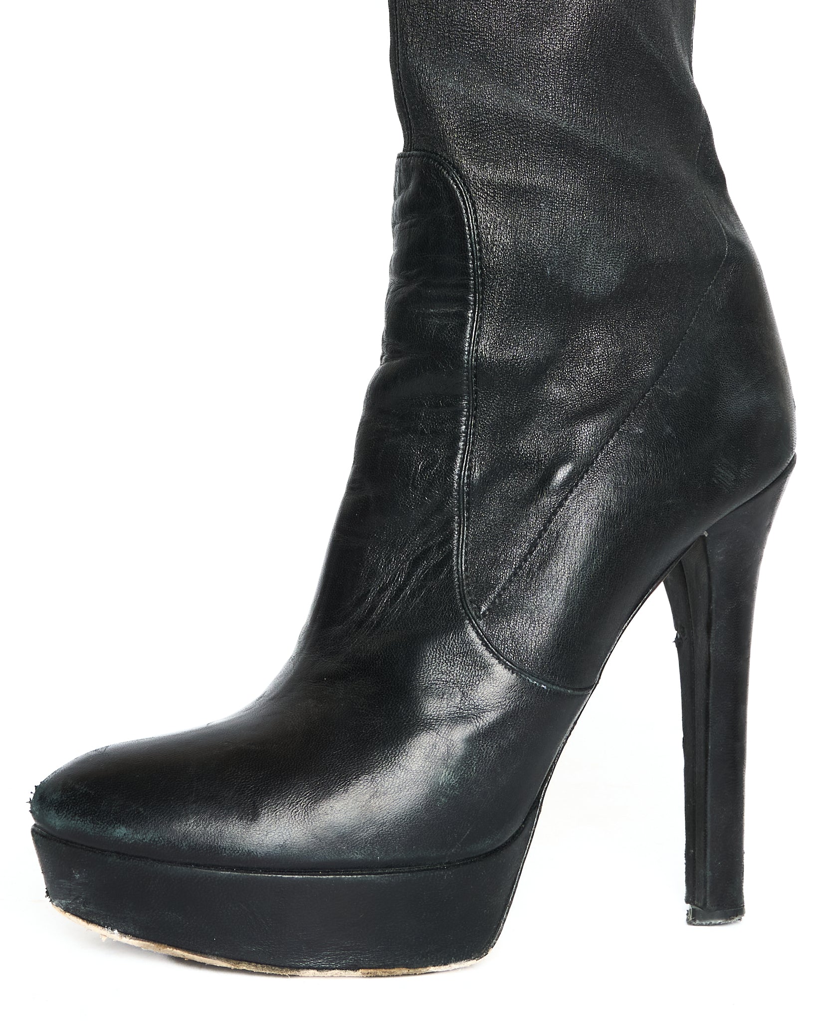 Early 2010s Miu Miu Neoprene and Leather Over The Knee Black Heeled Boots