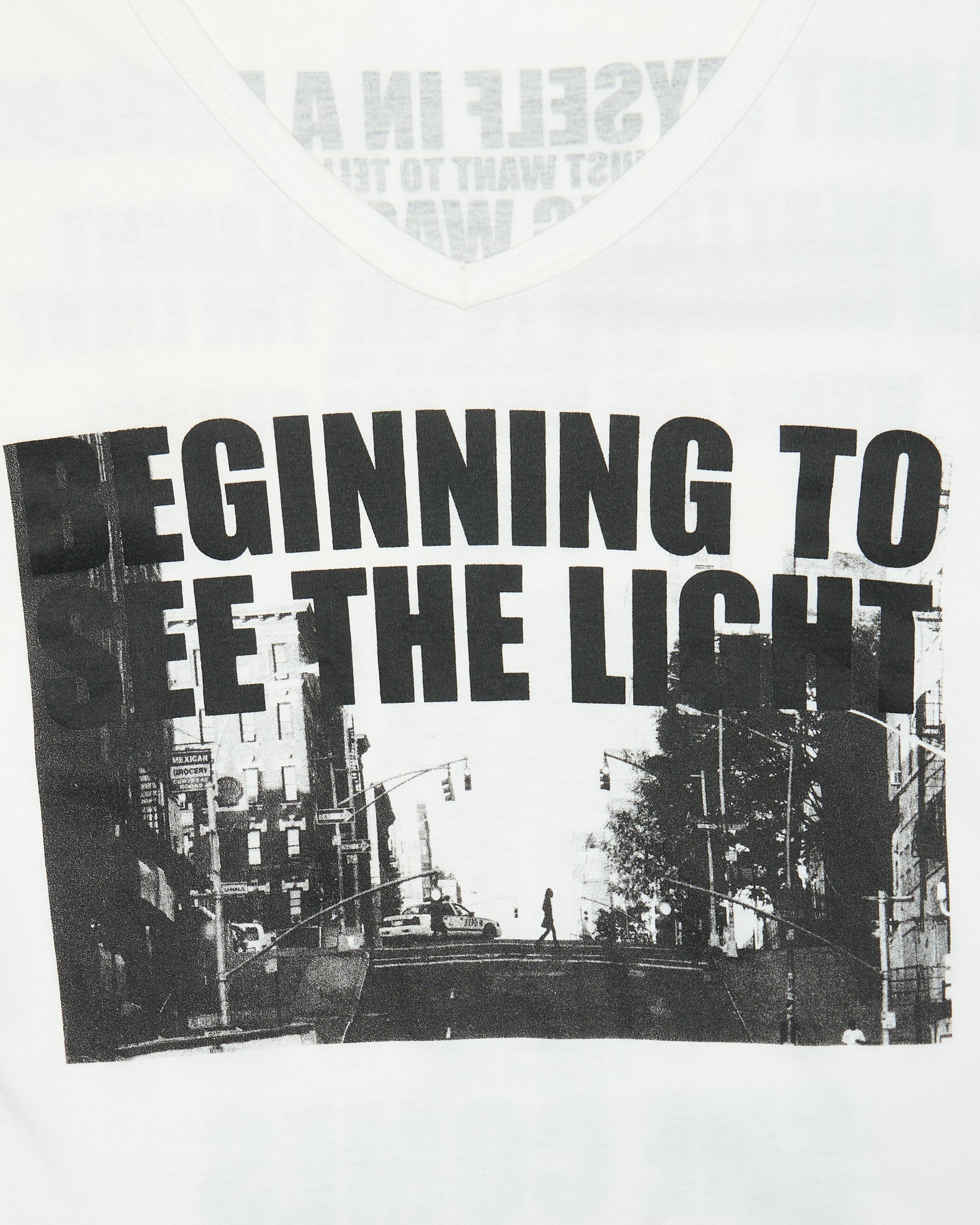 Late 00s Shellac ‘BEGINNING TO SEE THE LIGHT’ White Typography Graphic V-Neck Long Sleeve Tee
