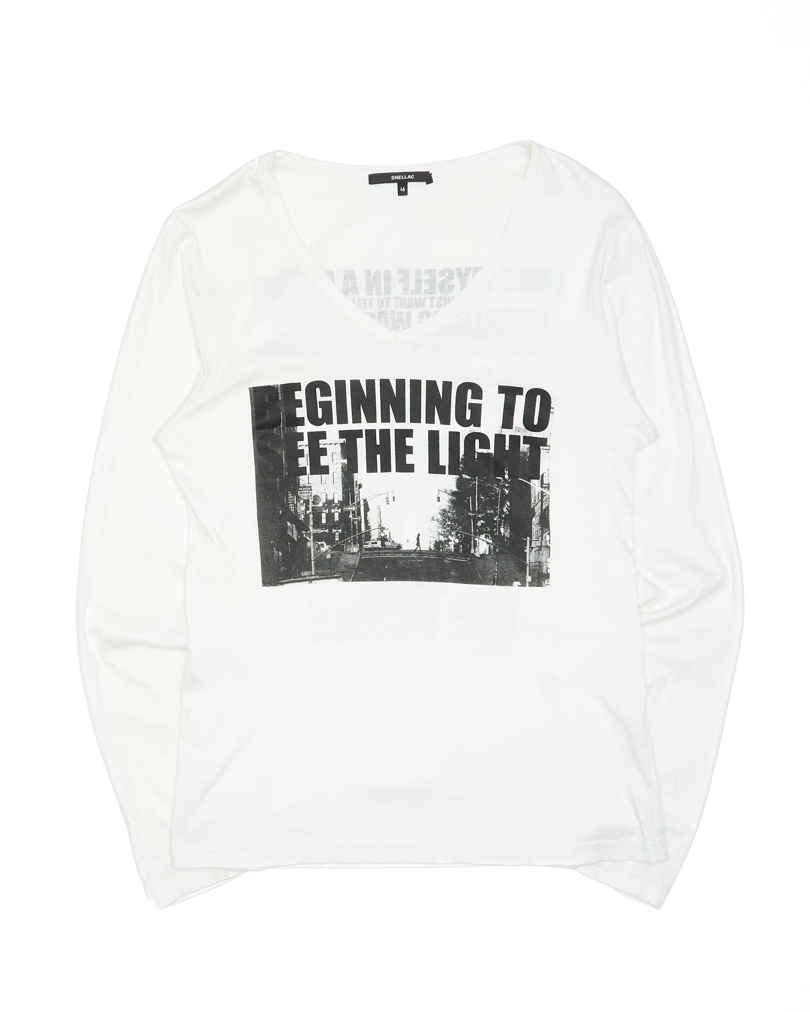 Late 00s Shellac ‘BEGINNING TO SEE THE LIGHT’ White Typography Graphic V-Neck Long Sleeve Tee