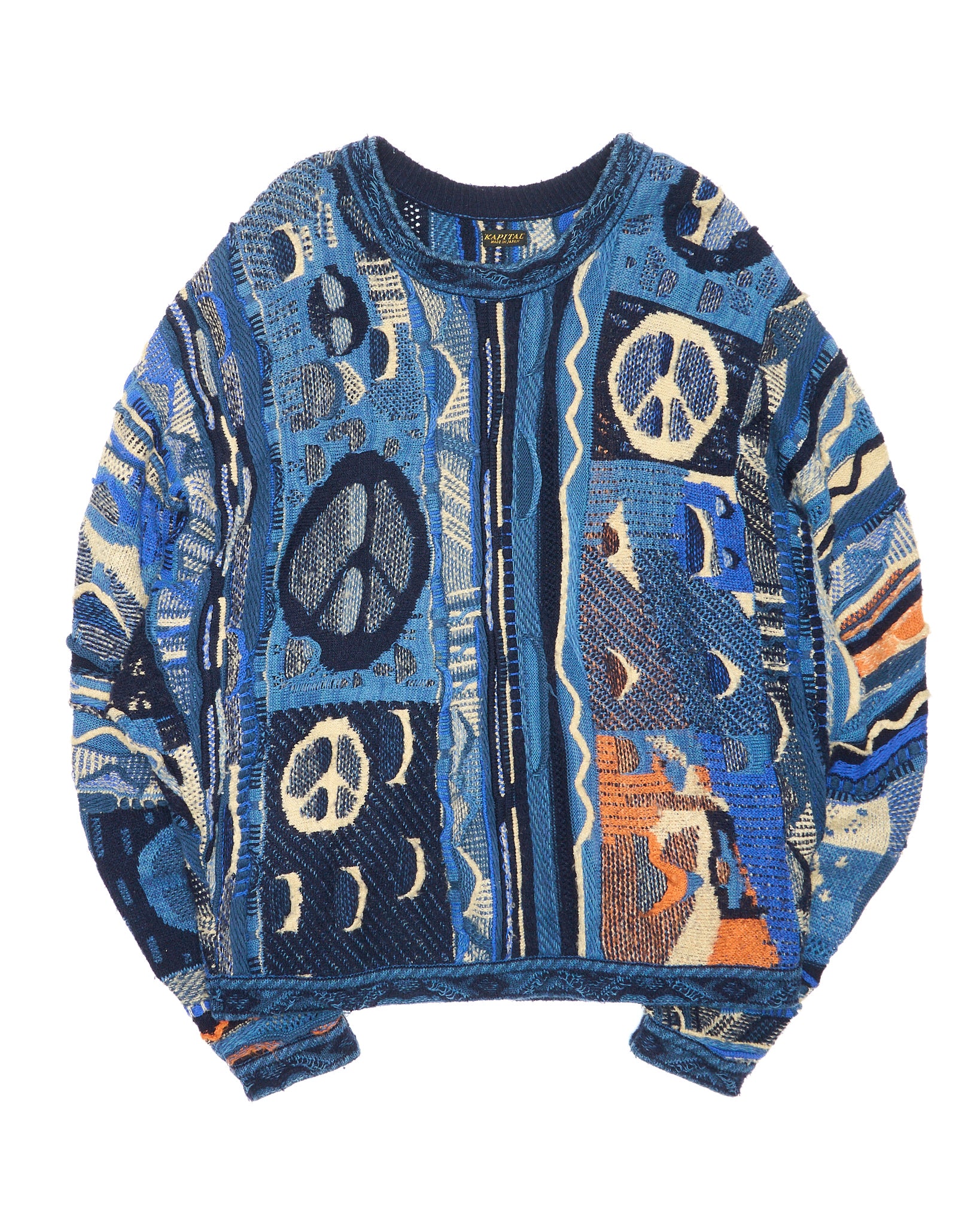 2010s Kapital Gaudy Boro Jacquard Peace Sign Crewneck Knit Sweater