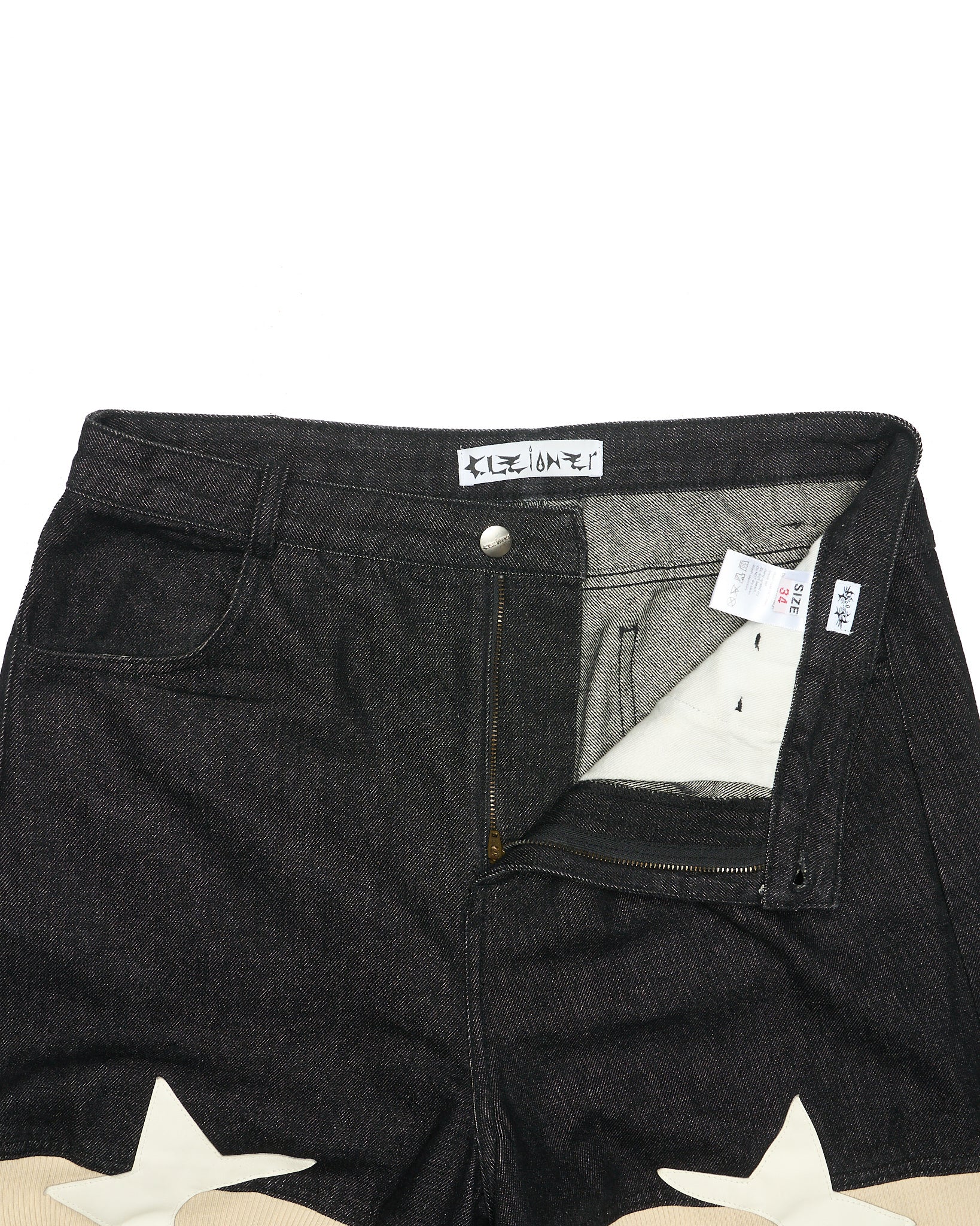 CLEiONER Black Star Appliqué Wide Leg Denim Shorts