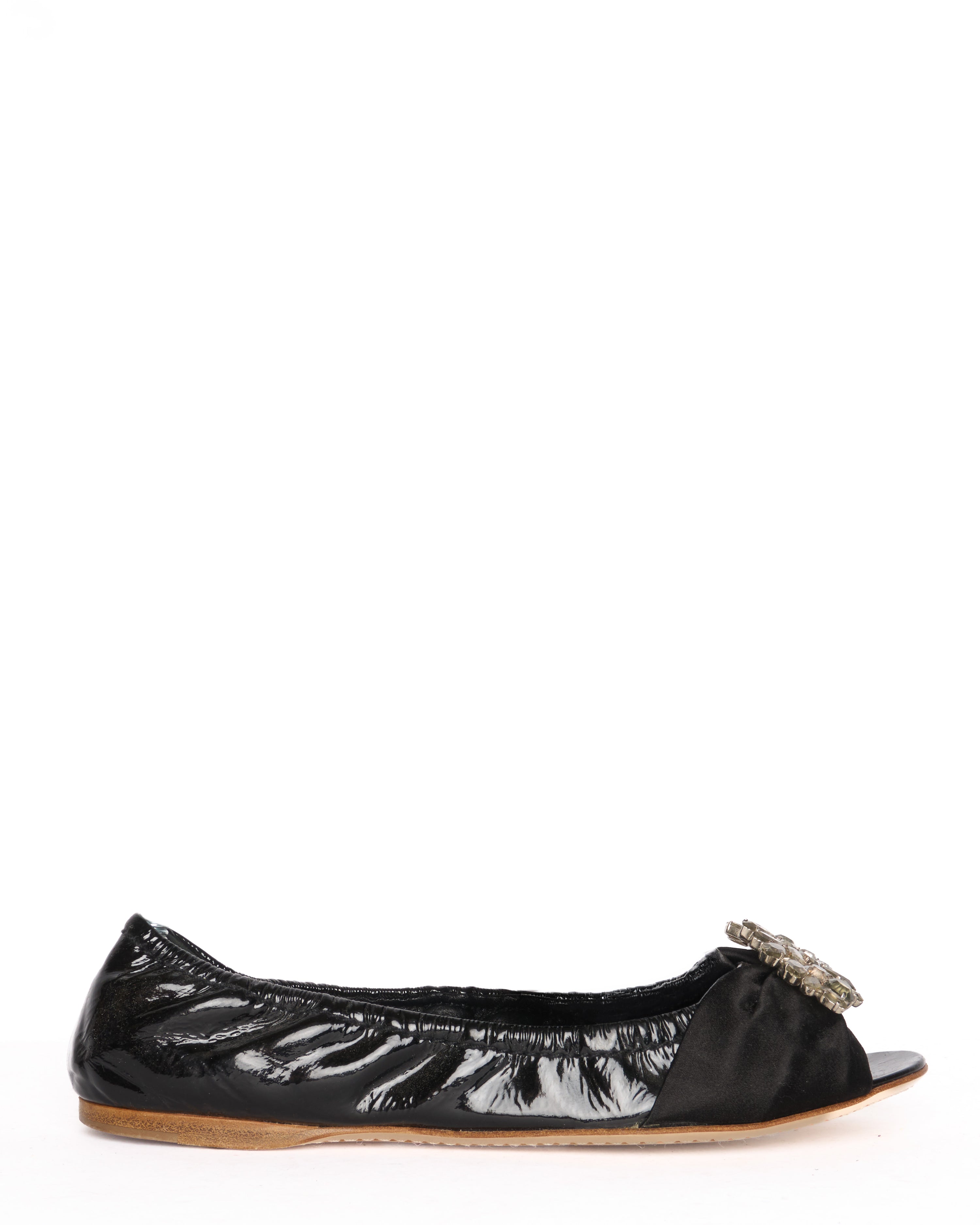 Late 00s Miu Miu Patent Leather Crystal Bow Peep Toe Ballet Flats