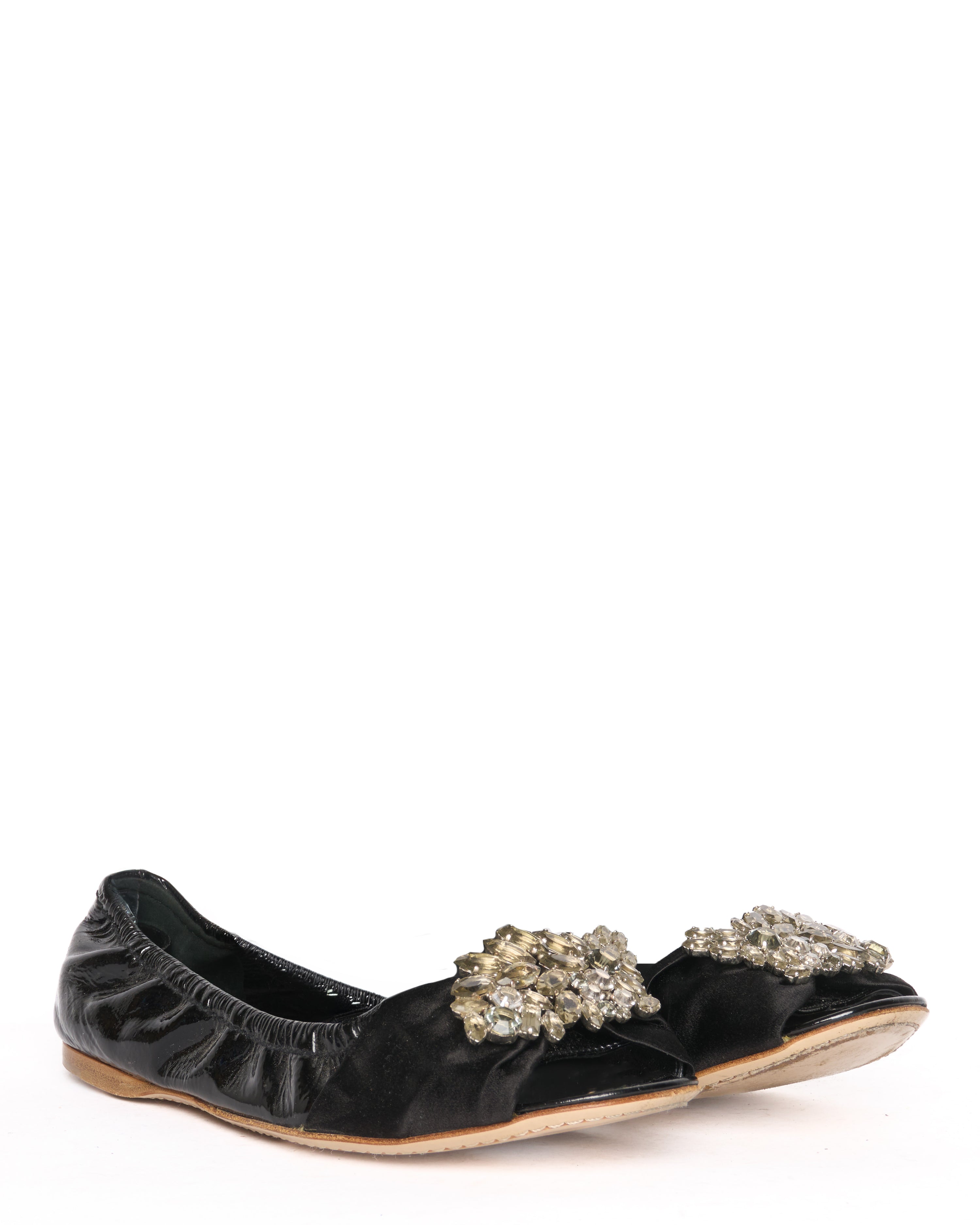 Late 00s Miu Miu Patent Leather Crystal Bow Peep Toe Ballet Flats
